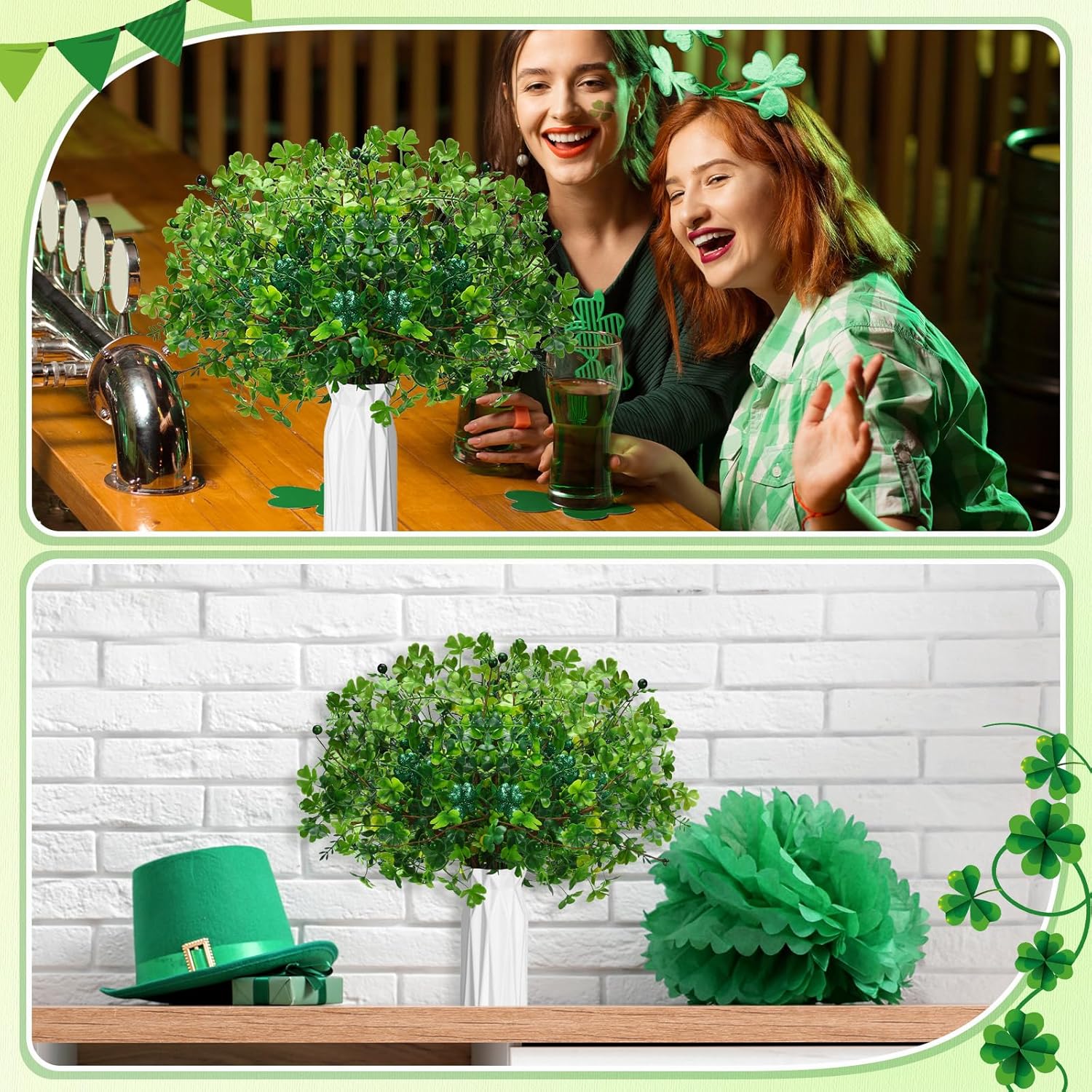 Giegxin 12 Pack 15.7 Inch Artificial Easter Flower Decorations Easter Egg Picks Colored Winter Jasmine Decorative Spring Floral Stems Flower Centerpieces for Table Home Decor(Shamrock)