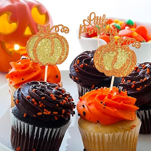 Miniatura 4 de Rsstarxi Paquete de 24 adornos para cupcakes de calabaza con purpurina con temática de otoño, decoración de cupcakes de baby shower, pies de bebé,