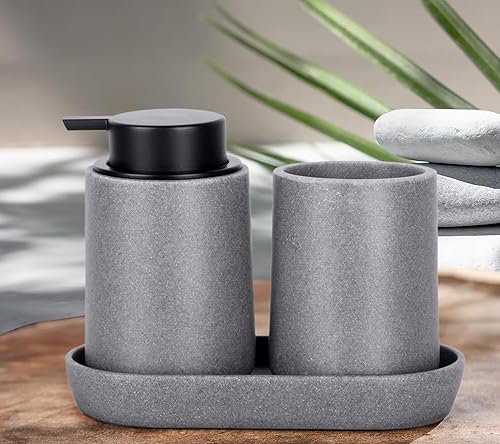 Miniatura 8 de Juego completo de accesorios de baño grises, juego completo de 3 piezas de accesorios de baño de resina, dispensador de jabón con aspecto de piedra