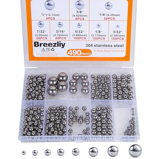 490Pcs 3/32"-1/2" Precision Chrome Steel Assorted Loose Bicycle Bearing Steel Ball Assortment Kit(8 Sizes 490Metric)