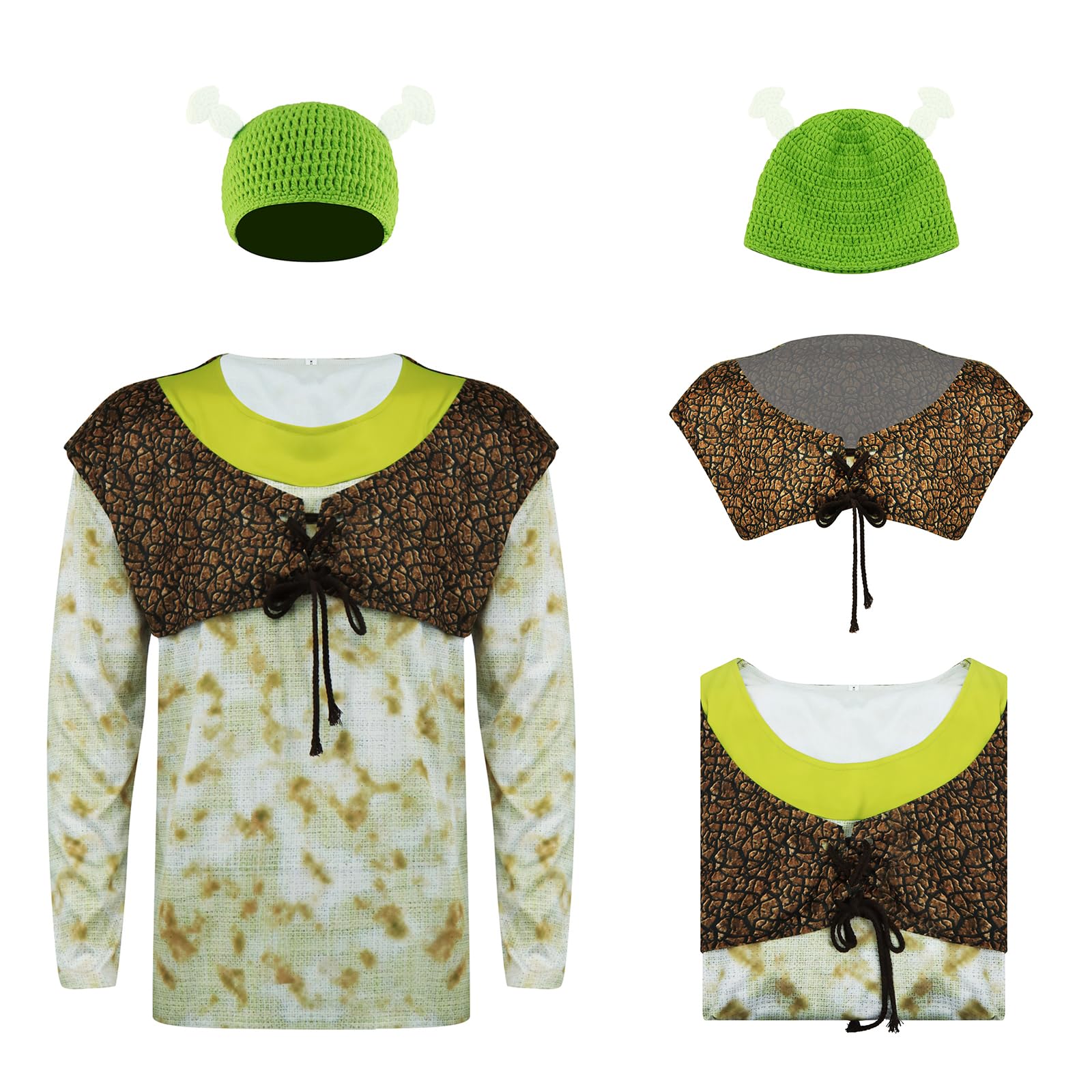Ogre Costume Shirt Vest Adult Ugly Cosplay Shirt and Green Knitted Hat Halloween Party Outfit for Men