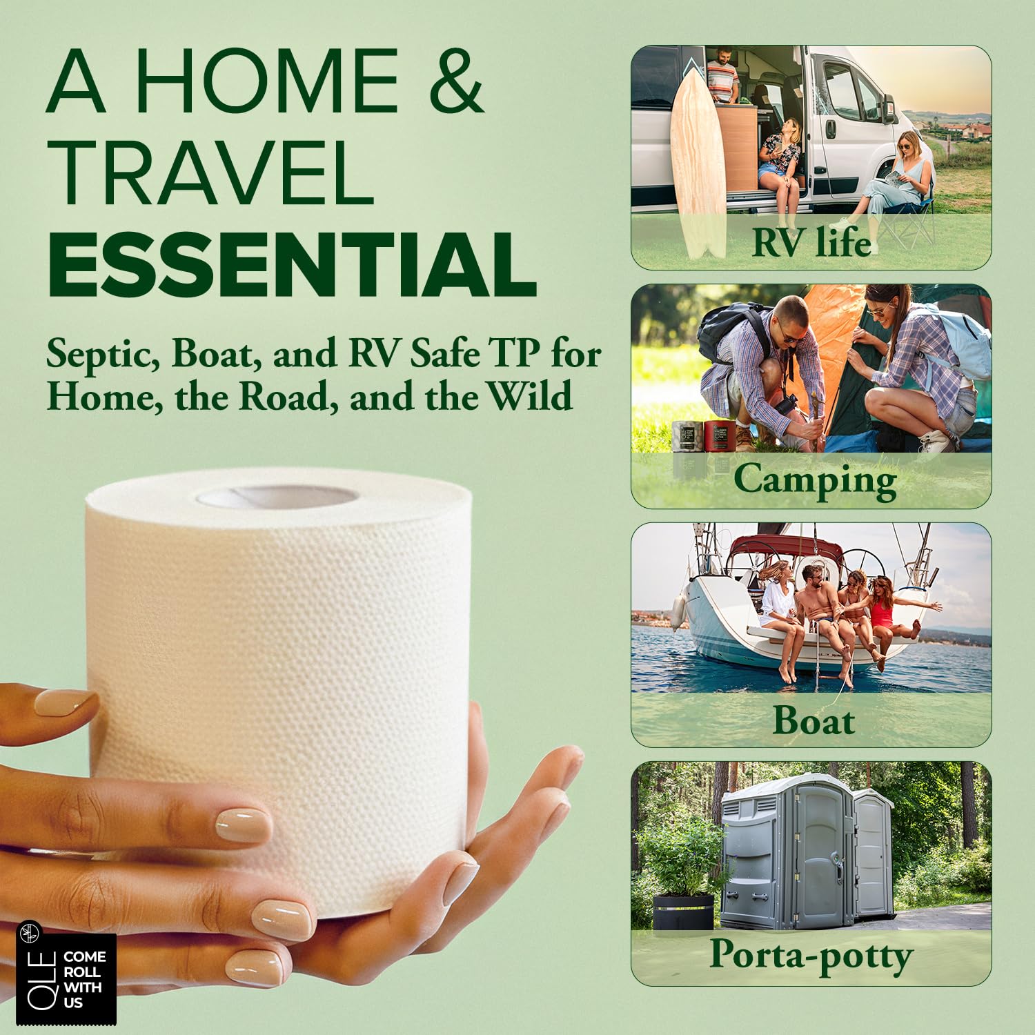 QLE - Papel higiénico de bambú, paquete de 8 unidades, sostenible, 3 capas, 300 hojas por rollo, papel higiénico hipoalergénico, seguro séptico, orgánico, compostable, certificado FSC, 100% pulpa de
