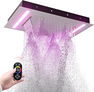 HOMEDEC 14x20" LED Ceiling Shower Head with Rainfall Waterfall Mist Spray, 3 Modes Can Operate Simultaneously or Independently, Brushed Nickel