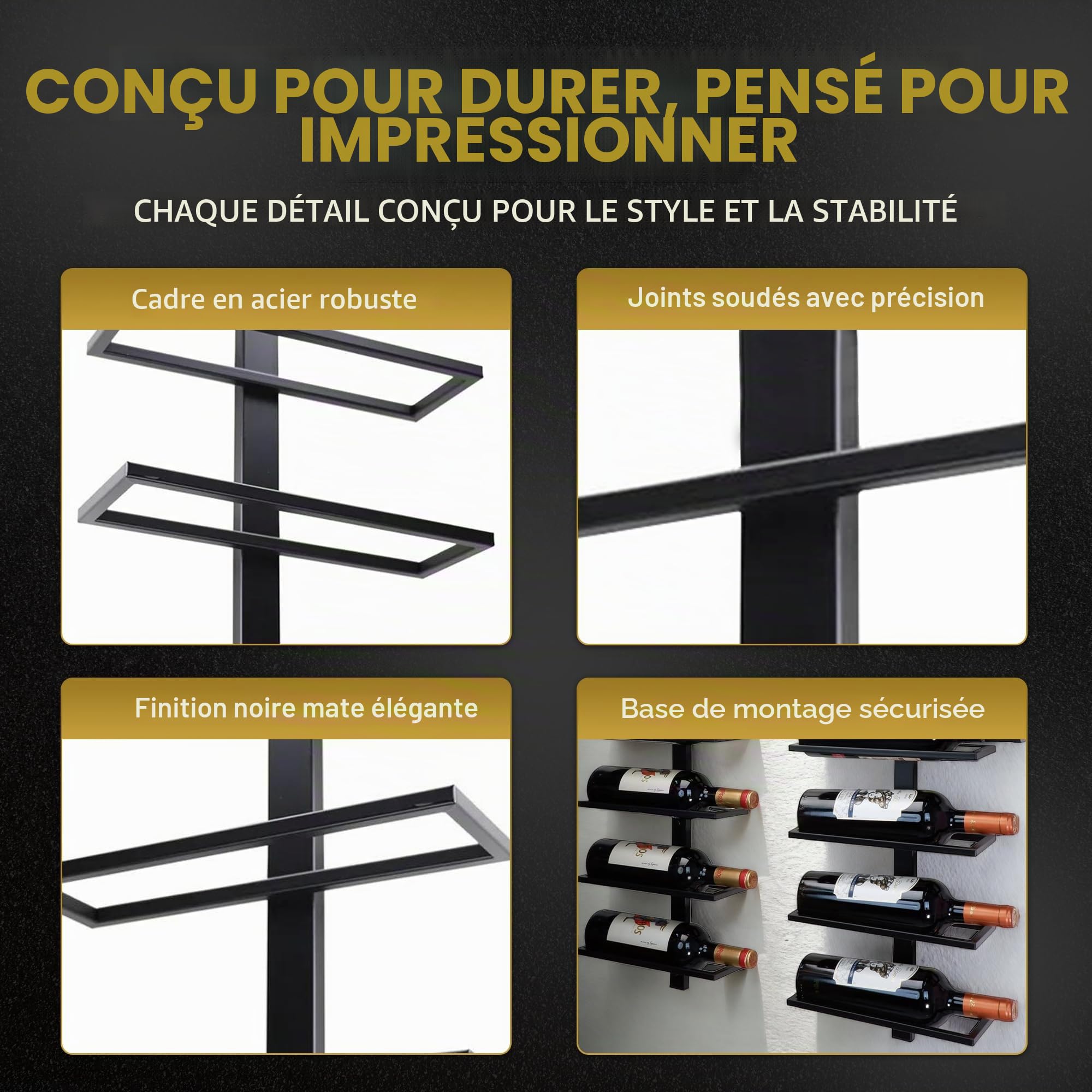 Porte-Bouteilles Mural pour 9 Bouteilles – Casier à Vin en Acier Noir Mat – Design Industriel – Gain de Place & Décoratif
