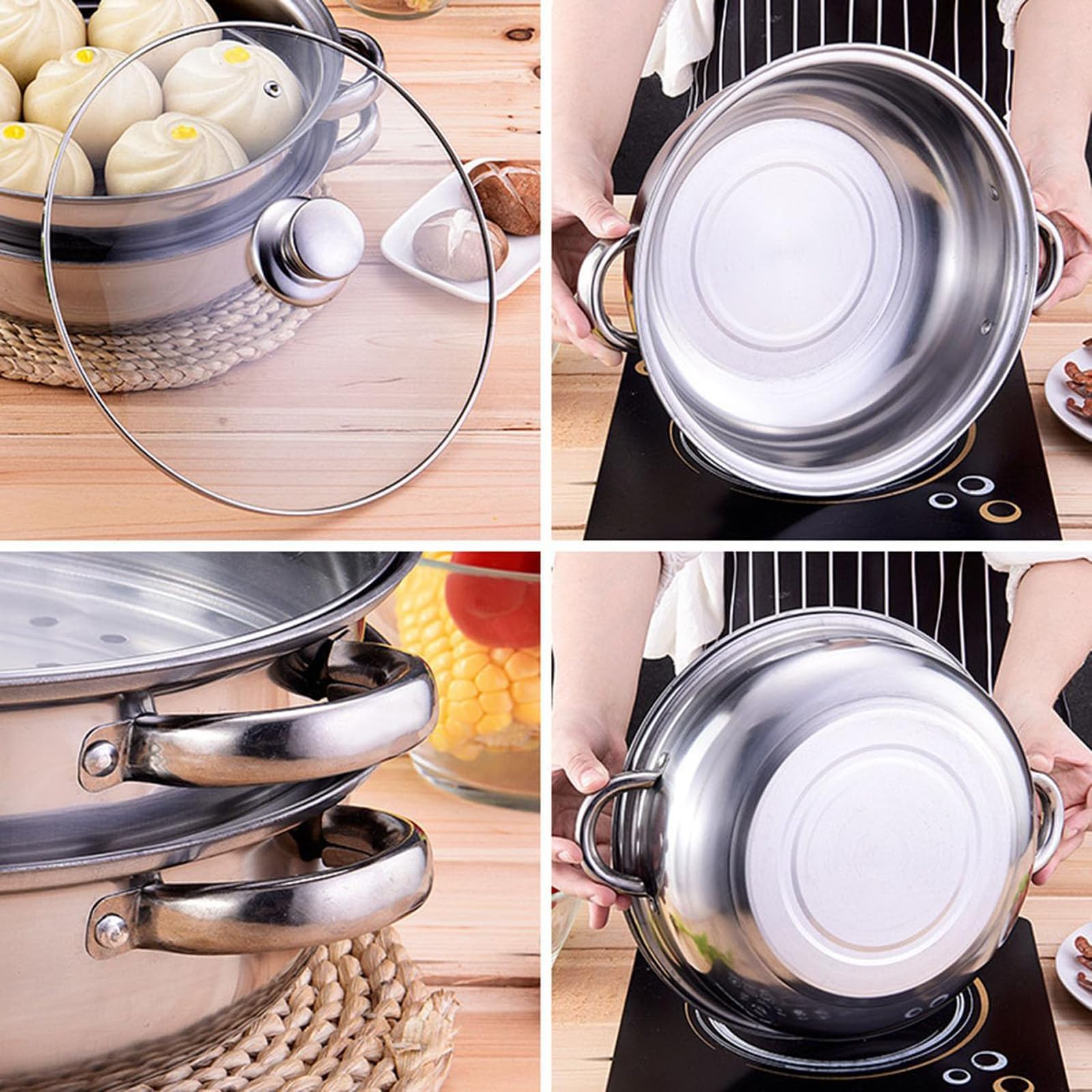 Casseroles à vapeur à 3 couches en acier inoxydable 304 avec couvercle en verre, gadget de cuisson polyvalent pour légumes, pâtes fruits de mer, ustensiles de cuisine à vapeur