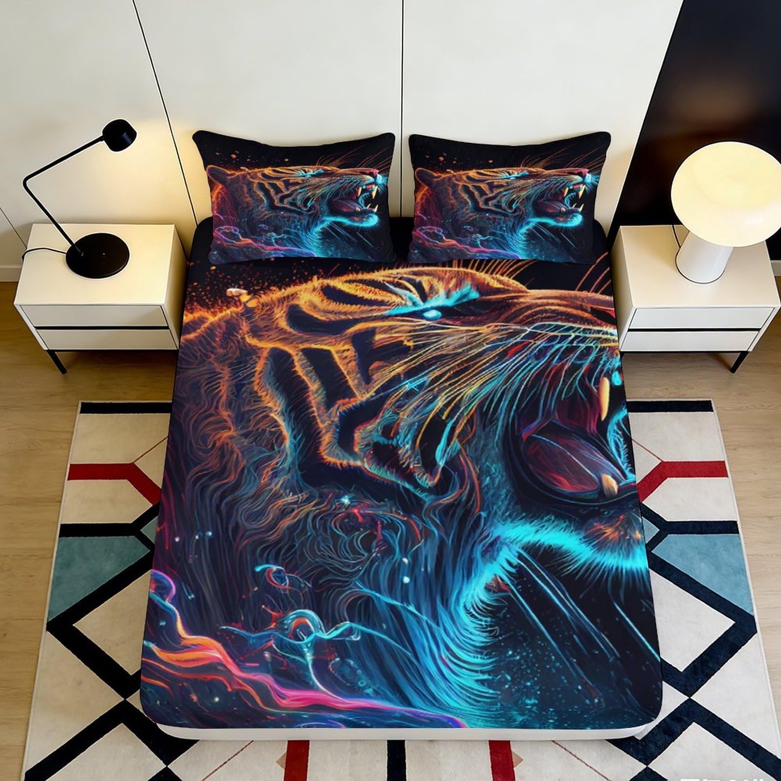 3D Printed Neon Tiger Fitted Sheet Microfiber Soft Anti-Slip Mattress Cover for Bedroom Dorm Artistic Decor 120x200x25cm
