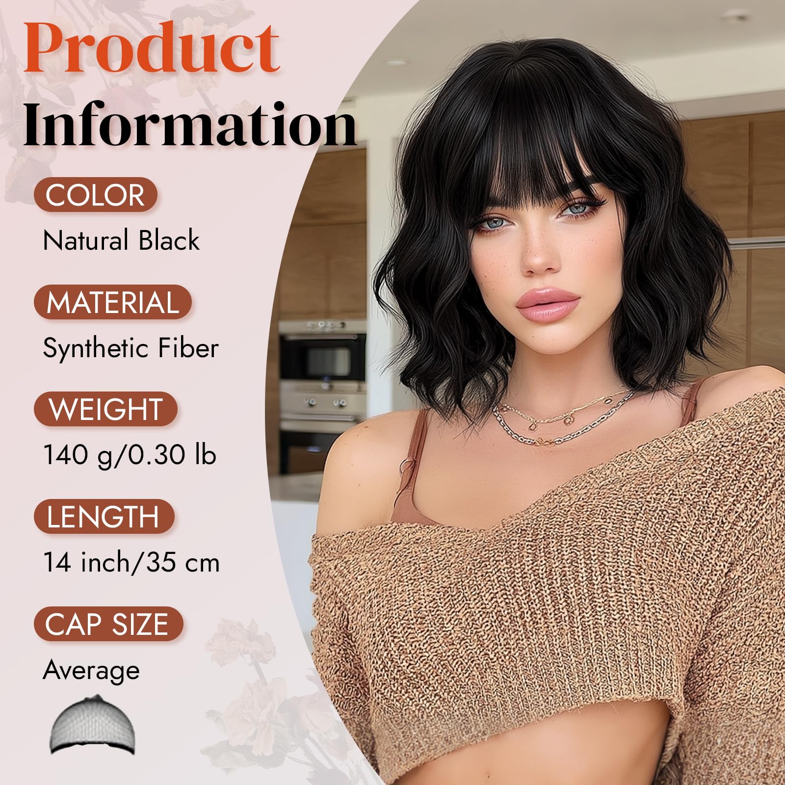 RUWISS Perruque Bob Naturelle Courte Femme avec Franges, 35 cm Perruque Noir Naturel Bouclée Ondulée Synthétiques pour Cosplay Quotidien Halloween