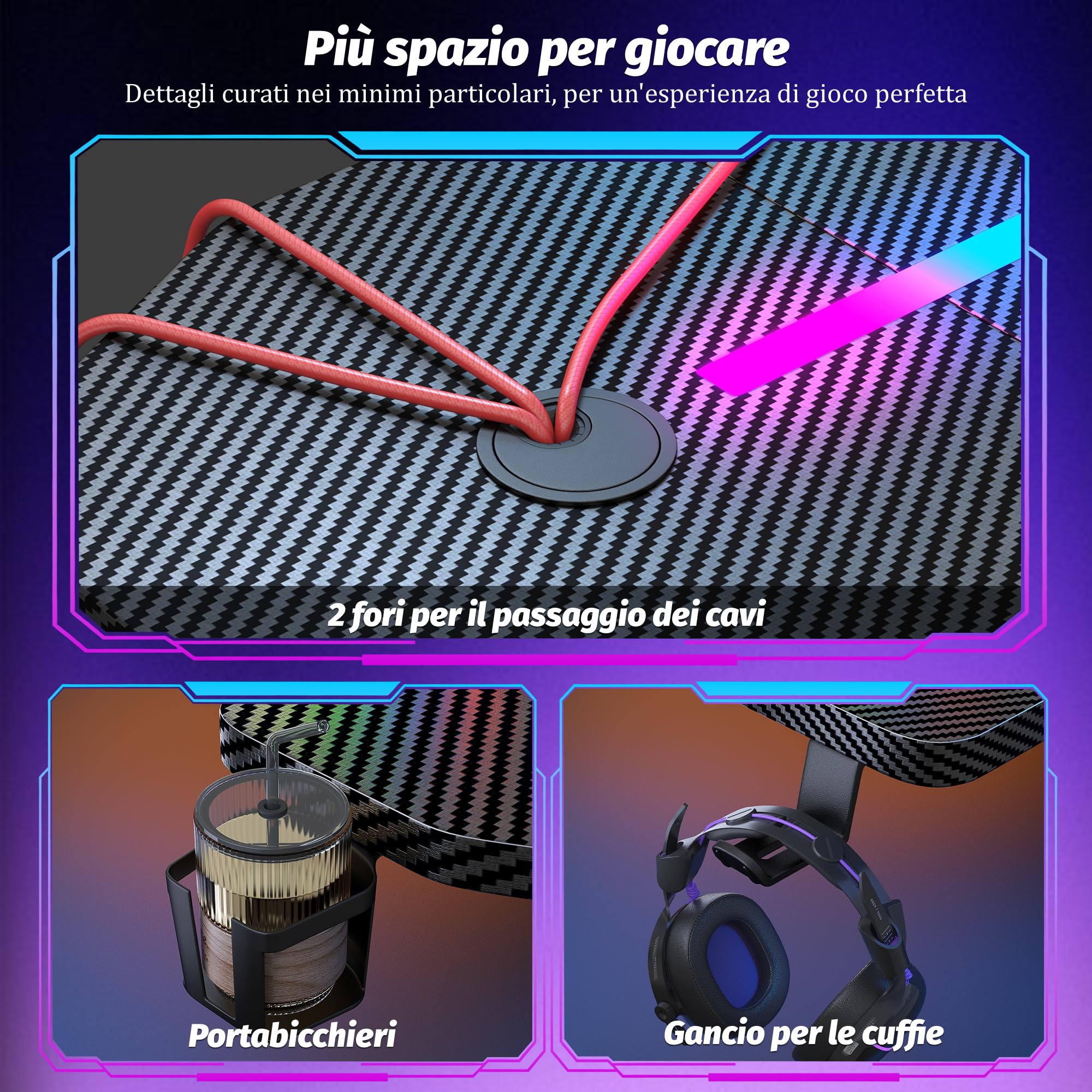 Scrivania Gaming LED 100x60cm, Tavolo Computer con Banda RGB, Tavolo Gaming Ergonomica, Gamer con Superficie in Fibra Carbonio, Scrivania per Computer con Porta Tazza e Gancio per Cuffie, Nero