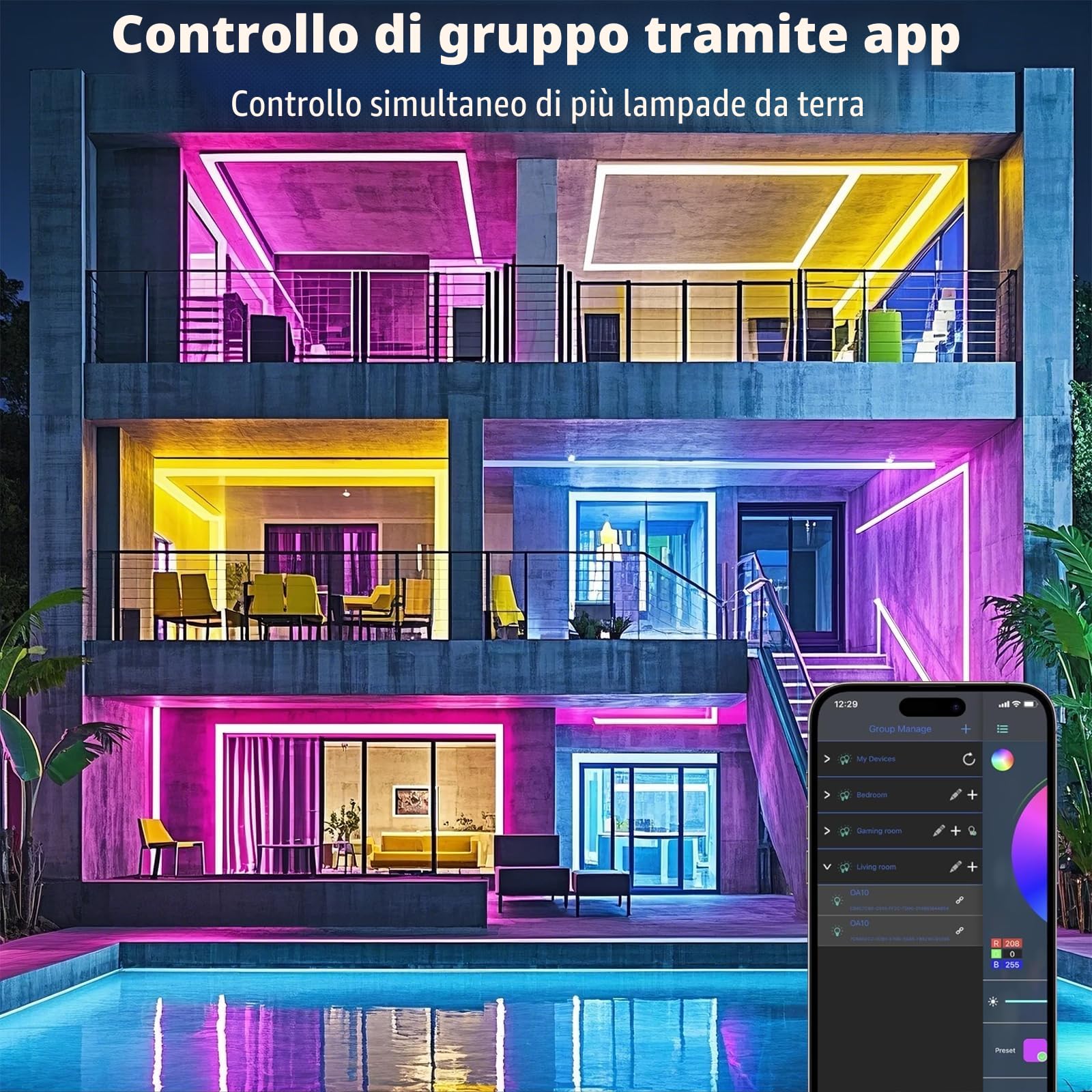 Striscia LED per esterni, 20 m, Smart IP67, musica sync, controllo app, montaggio a parete, RGB, impermeabile, per balcone, giardino, camera da letto, Natale, Halloween (No Remote Control)