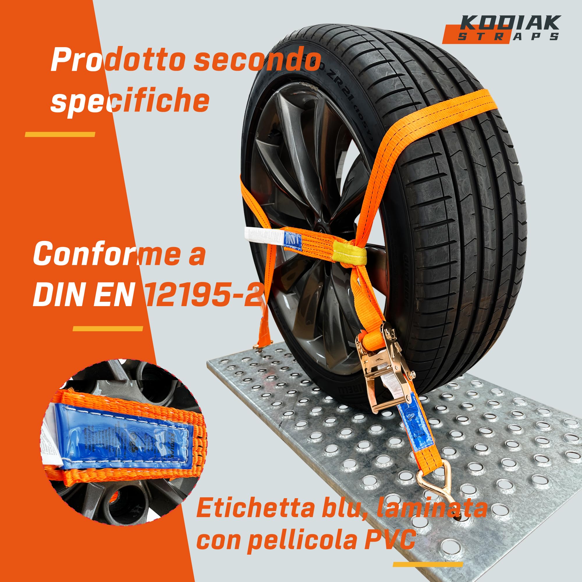 4 Cinghie a Cricchetto per Trasporto Veicoli | Larghezza 35 mm | 2000 daN | Cinghie di Serraggio per Sicurezza Ruote, Auto, Rimorchi - Certificate TÜV G/S e secondo DIN EN 12195-2 - KODIAK STRAPS