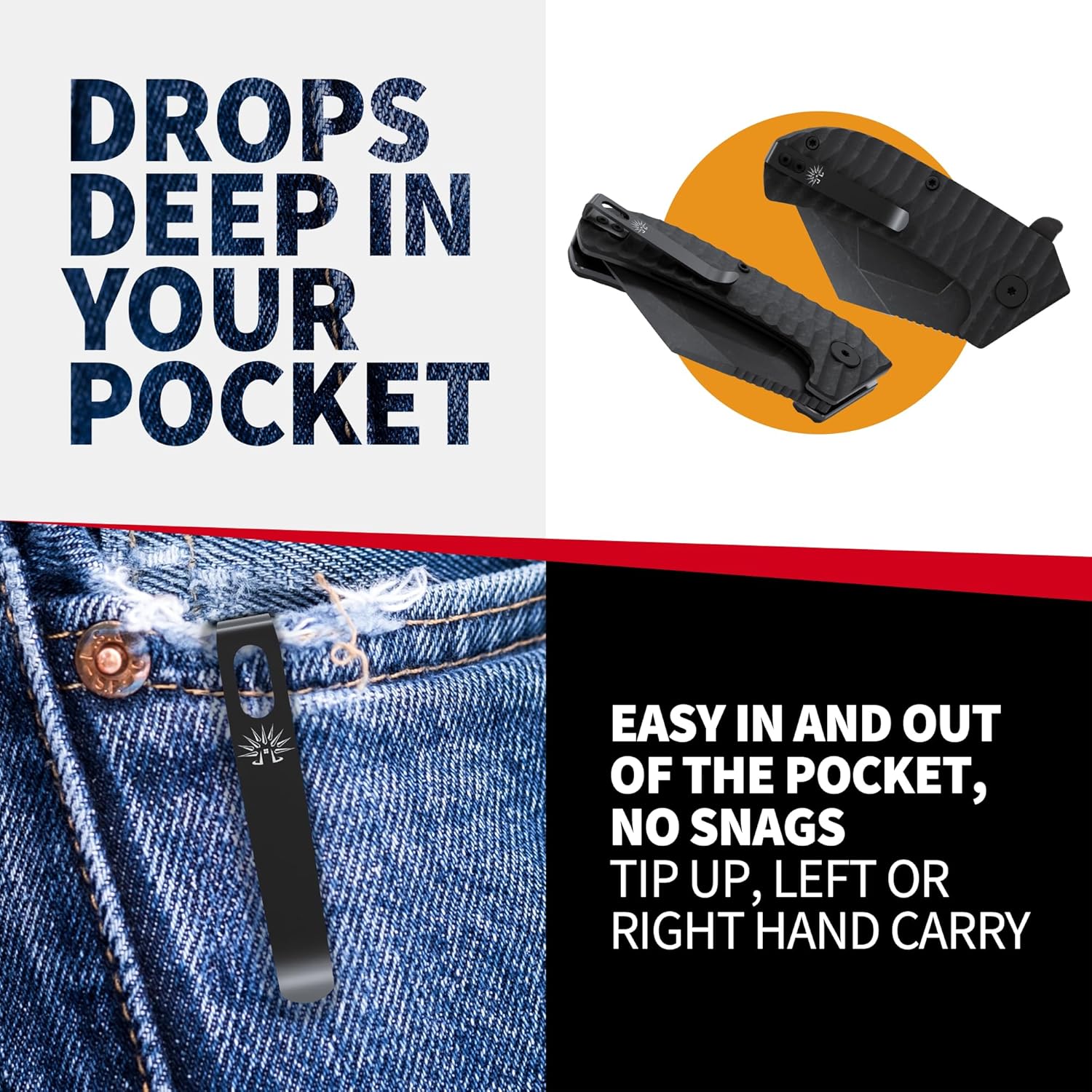 Off-Grid Knives - Raptor EDC Folding Knife with Tumbled Black D2 Steel, Grippy G10, Bearings, Deep Carry Left & Right, Hawkbill Tip, Stout Everyday Carry