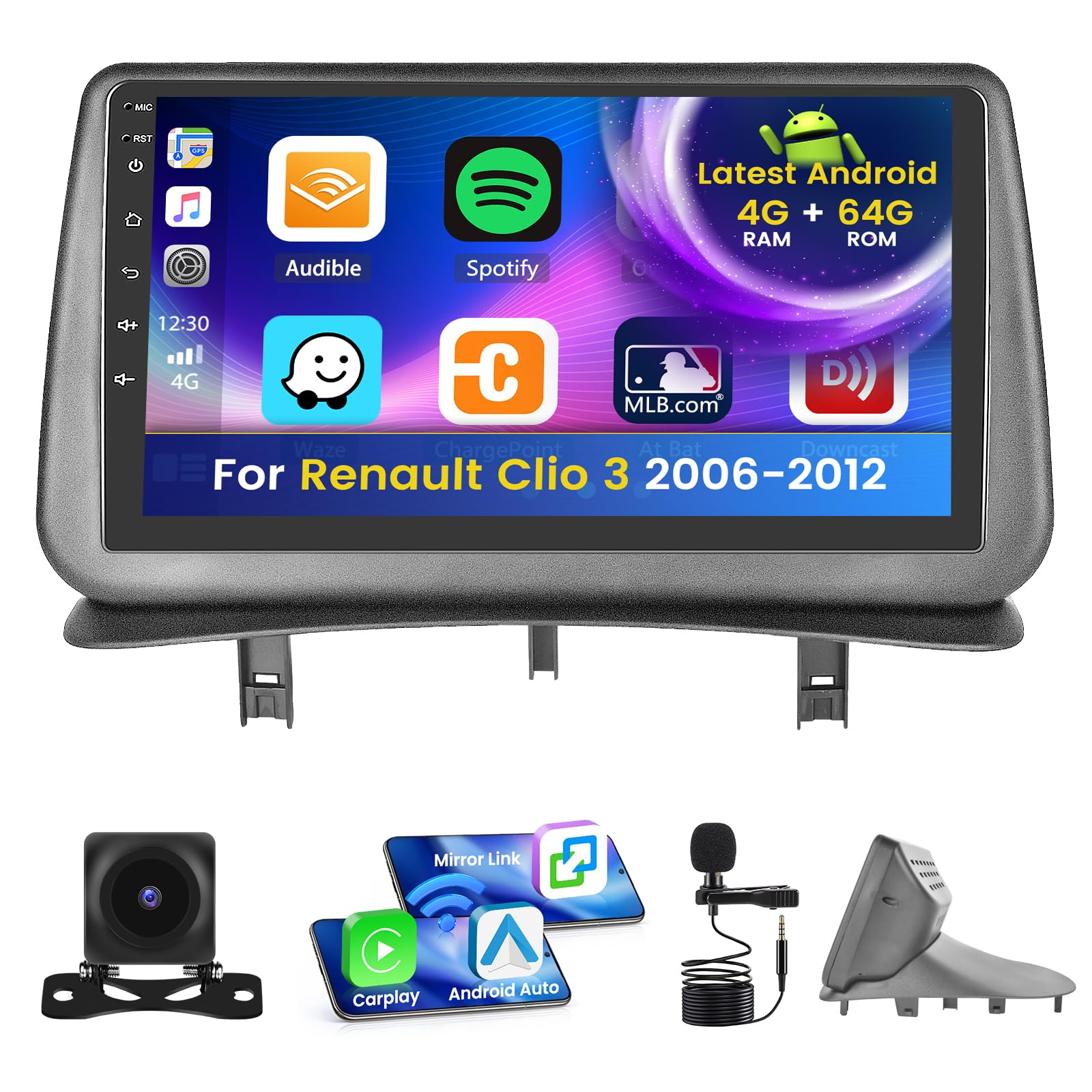 Inefala 4+64G Stereo para Renault Clio 3 2006-2012 Android 15 con Wireless Carplay y Android Auto, 9'' Radio Pantalla con Bluetooth 32EQ GPS FM/RDS SWC AHD Cámara Inversa