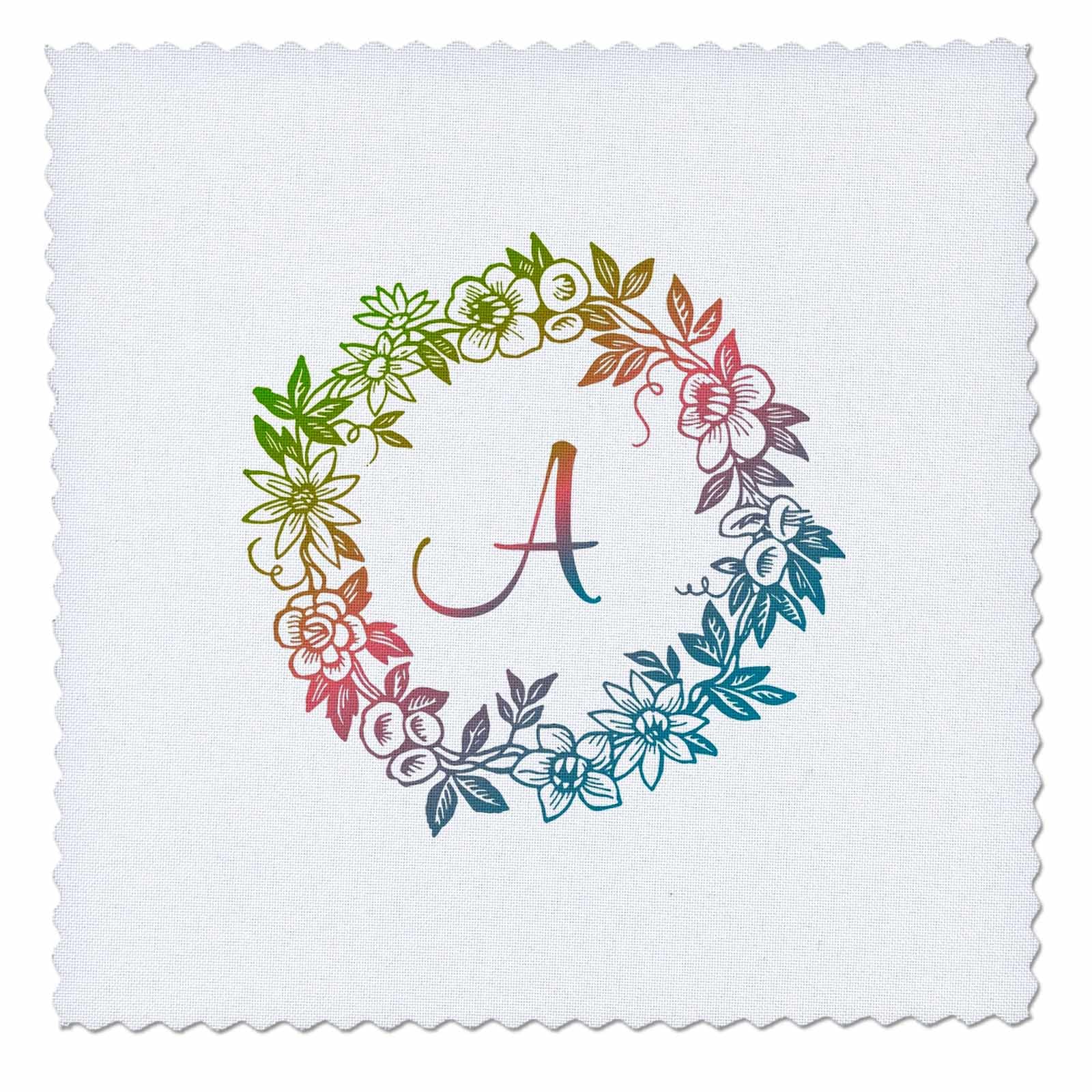 8x8 inch Quilt Square - Initial A- Circular Flower Motif in Softly Blended Green Pink and Blue Monograms-Flower Motif- Initial A