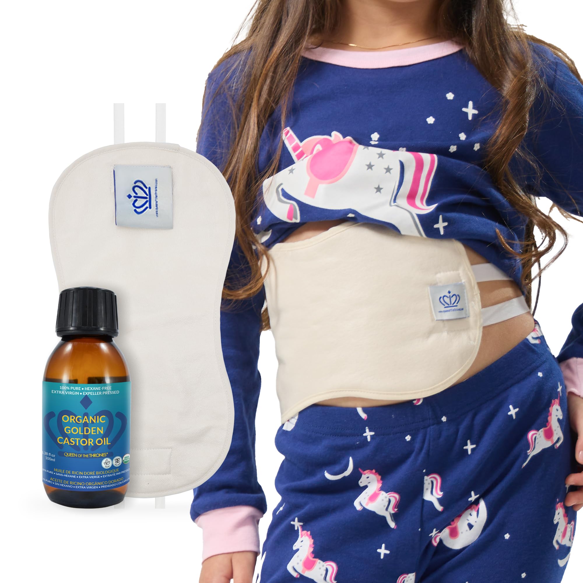 QUEEN OF THE THRONES Castor Oil Pack for Kids Kit - Heatless, Less-Mess, Reusable - Organic Cotton Flannel, Comfort Fit, Soft Straps & Naturopathic Doctor Designed (3.38oz Organic Castor Oil Included)