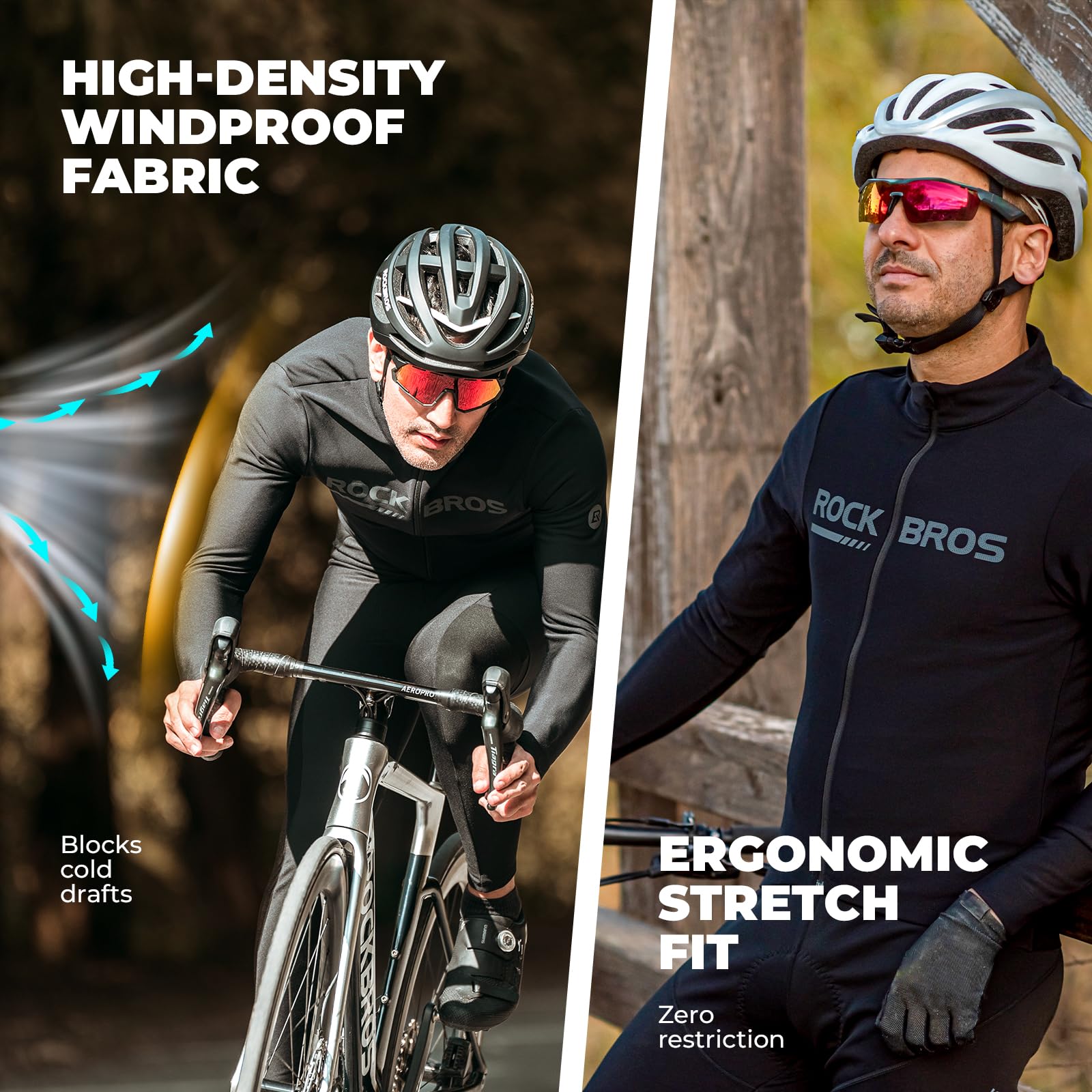 ROCKBROS Maglia Termica da Ciclismo a Maniche Lunghe da Uomo Inverno | Traspirante ed Elastica con Tasche, Maglietta Termica, Abbigliamento per Bici MTB Corsa, Nero, S