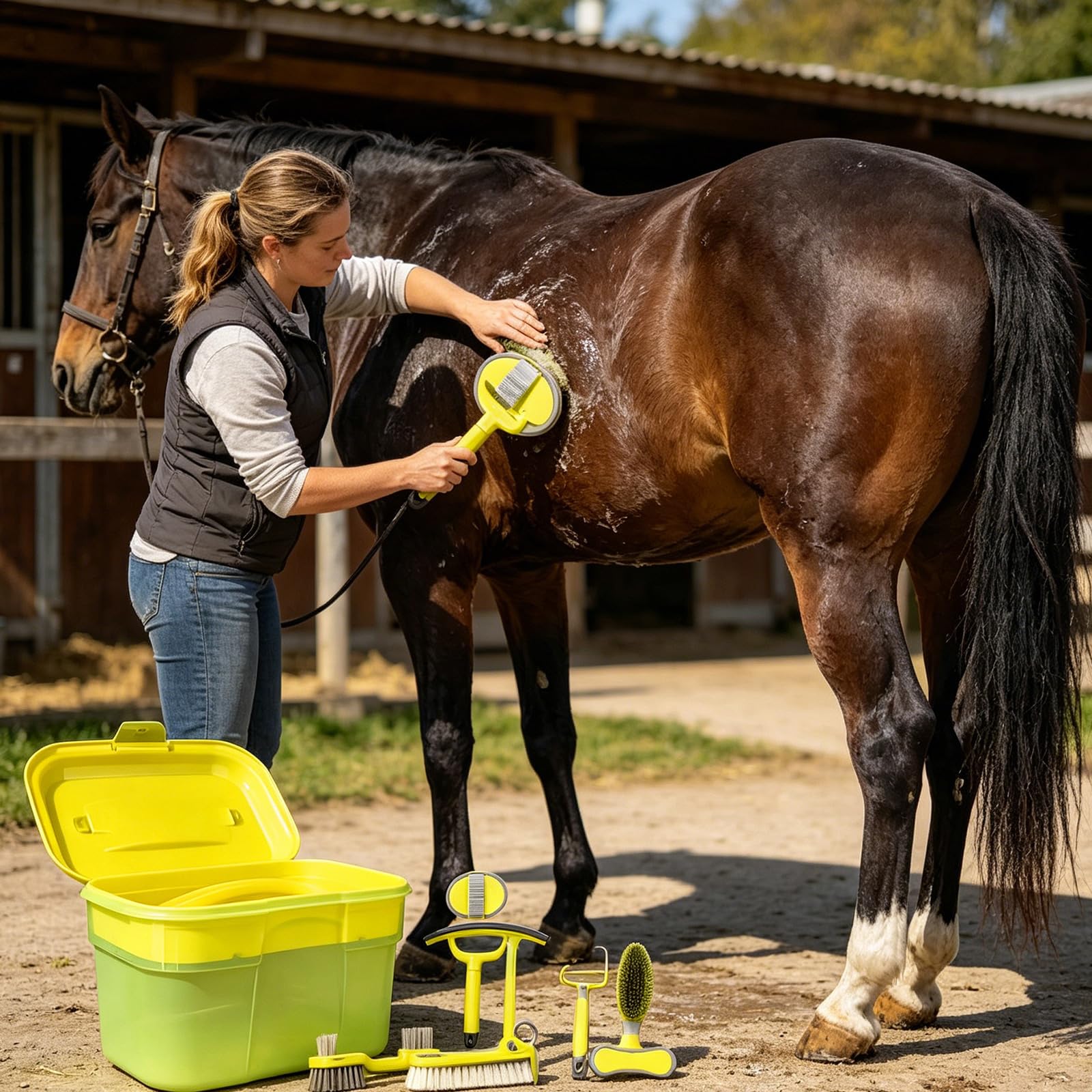 Juego de cepillos para el cuidado del caballo con caja de transporte, herramientas de aseo con peine, púa de pezuña y raspador para uso diario estable, preparación de espectáculos y entrenadores