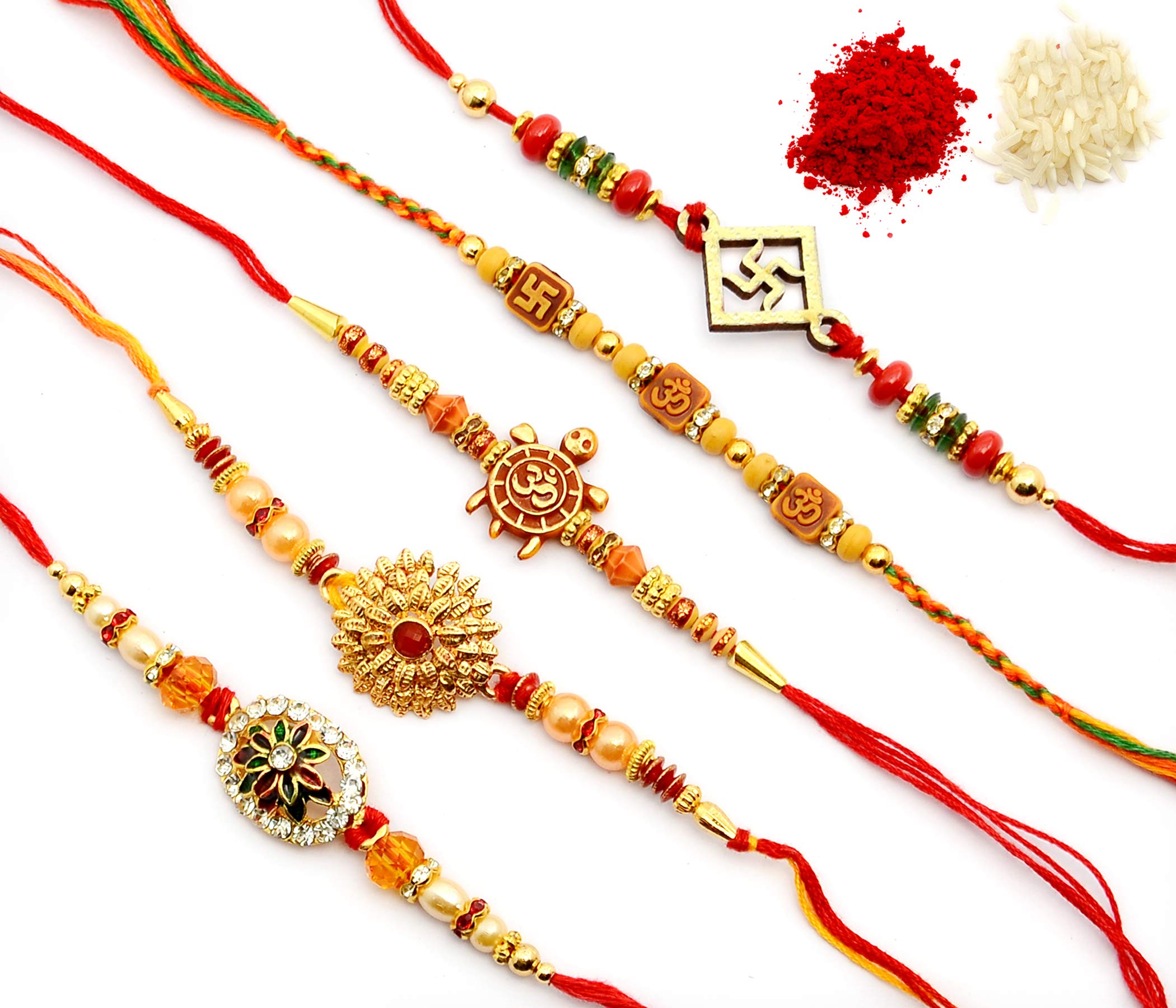 GenericFestive Creations Men's Combo of 5 Multicolour Non-Precious Metal Designer Dora Rakhi with Single Roli Chawal Pack