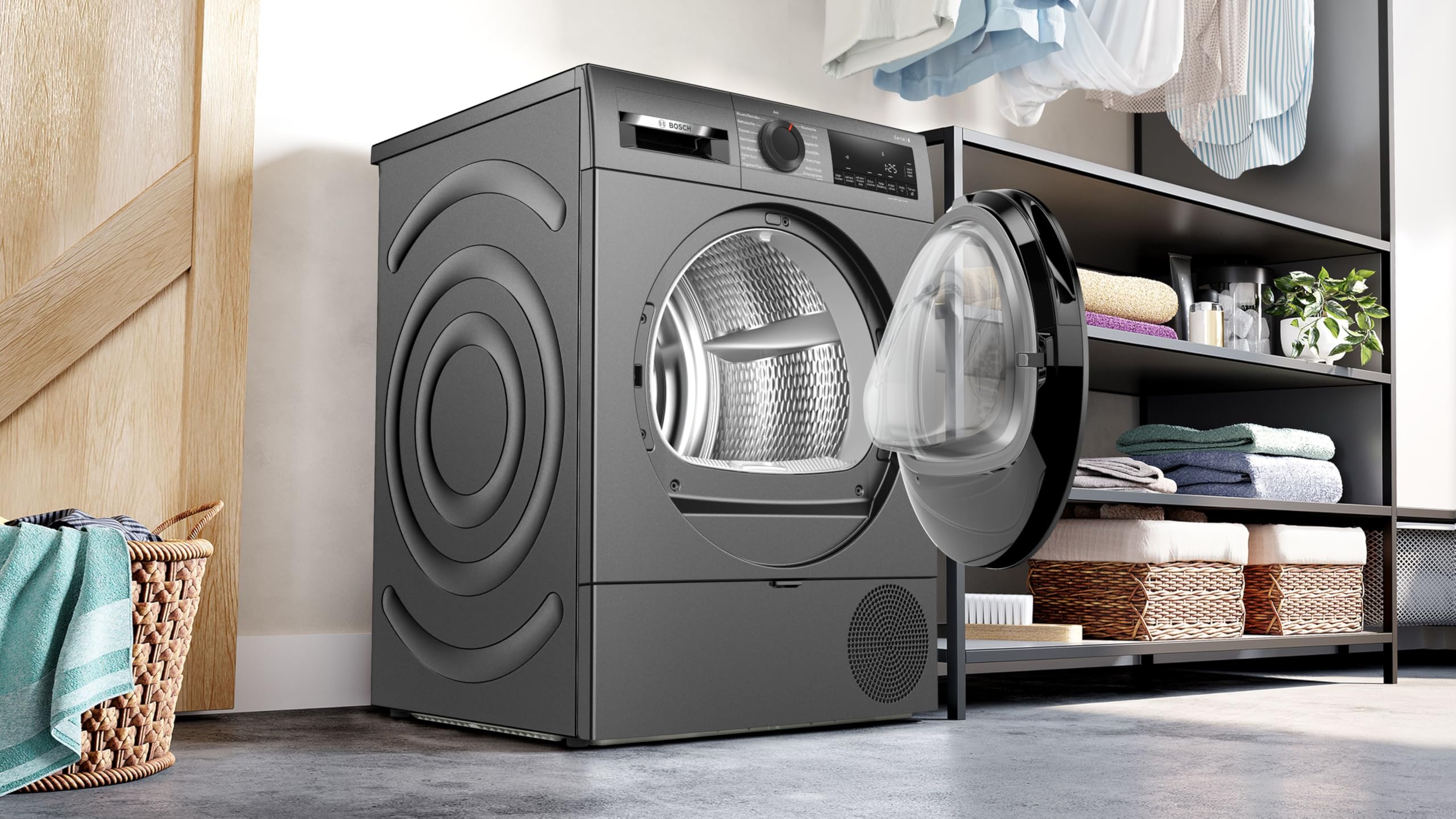 Bosch WQG243DR10 Serie 6, Wärmepumpentrockner 9 kg, Extra Kurz Trockenprogramm, Halbe Beladung Option, Auto Dry, Easy Clean Filter, Sensitive-Drying-System, Trommelreversierung, Innenbeleuchtung, Grau