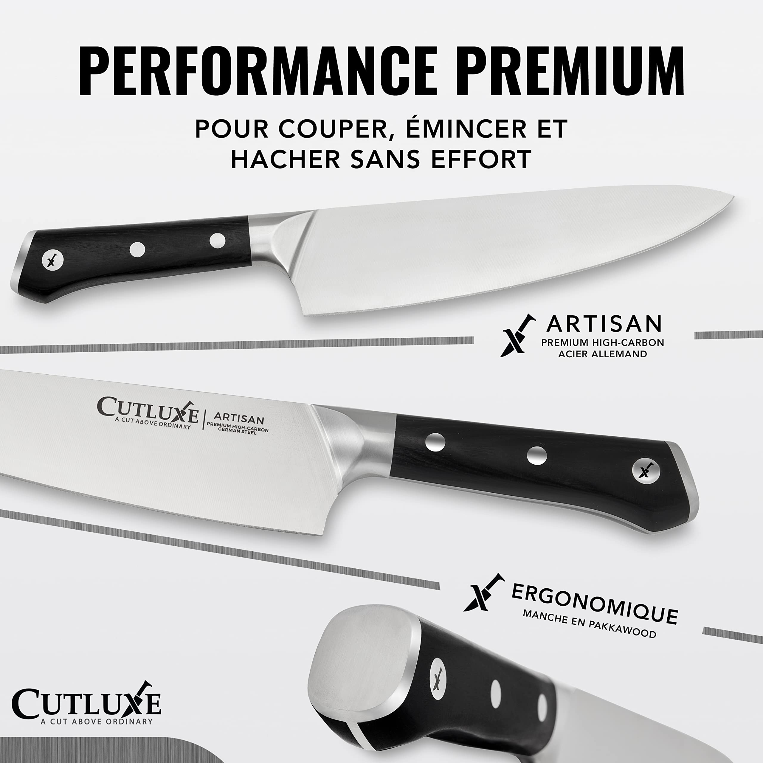 Cutluxe Set 5 Couteaux de Cuisine – Acier Allemand, Ultra Tranchant | Pleine soie et poignées ergonomiques; lames en carbone pour chef, légumes et viande; coffret garantie à vie