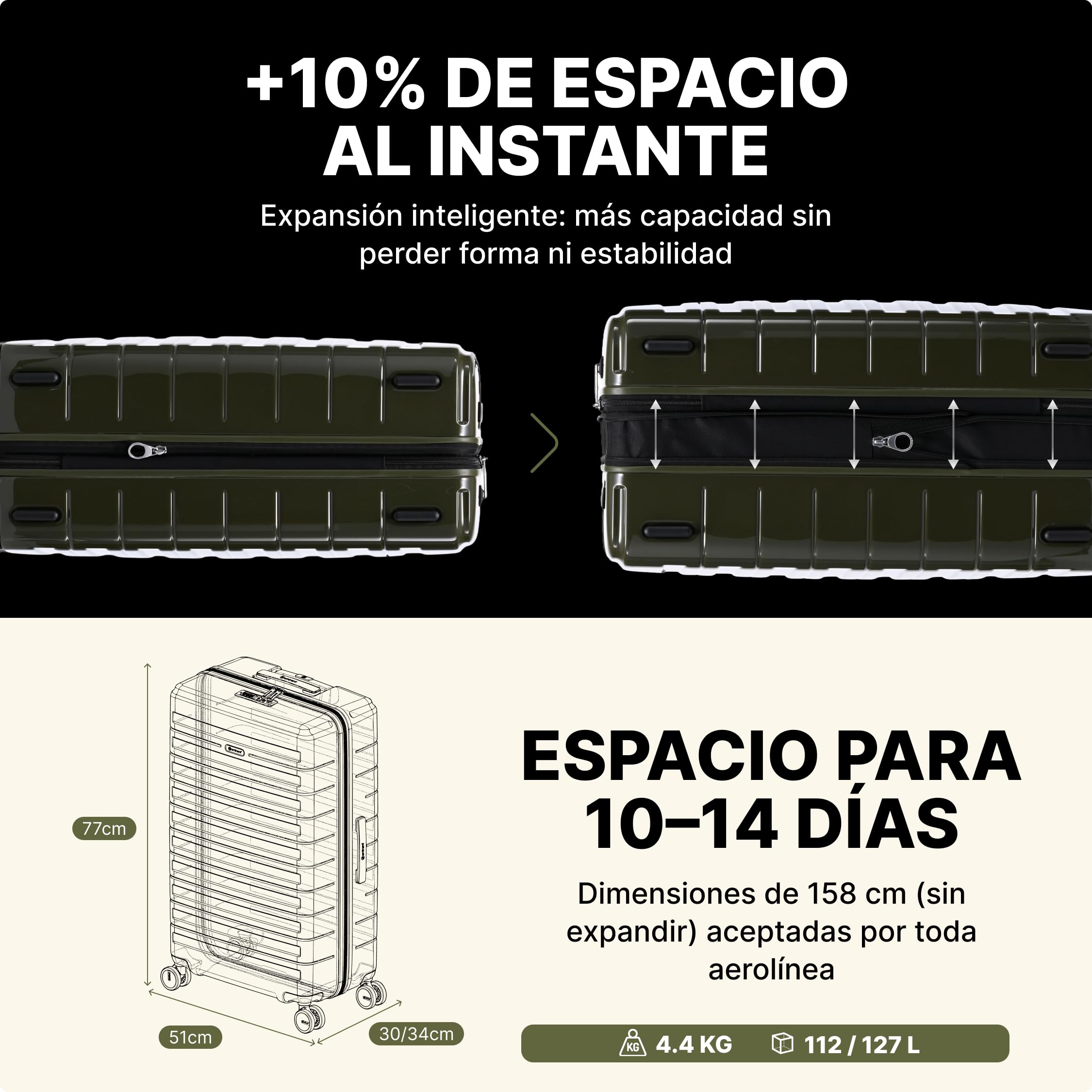 Eminent Voyager Maleta Grande 23 Kilos, Rígida para Facturar | Maleta grande para facturar, 4,4 kg, 112L, 158 cm, expandible 77x51x30 a 34, candado TSA, policarbonato, Verde Oscuro