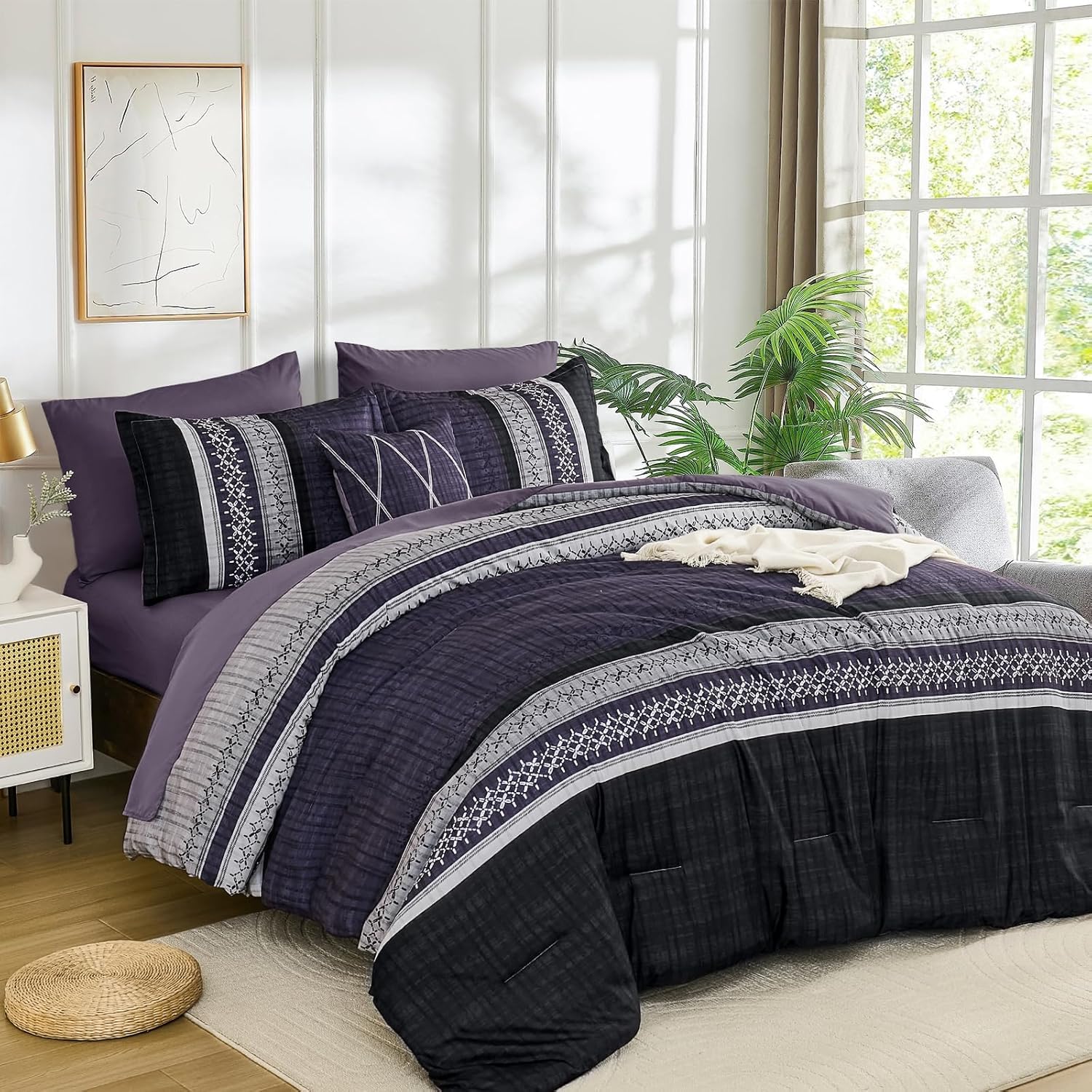 Dintszyayue Purple Cal King Comforter Size Set, 8 Pieces Boho Striped Texture Bed in a Bag Sets, Lightweight Soft Bohemian Comforter and Sheet Set, All Season Microfiber Bedding Sets for Men Women