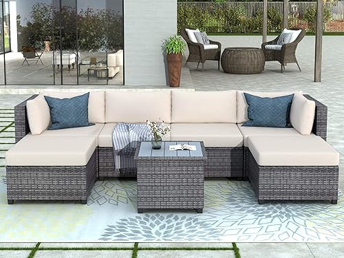 EMKK Juego de sofá modular de mimbre modular para exteriores muebles de patio juego de sofá de conversación para todo tipo de clima tejido manual de