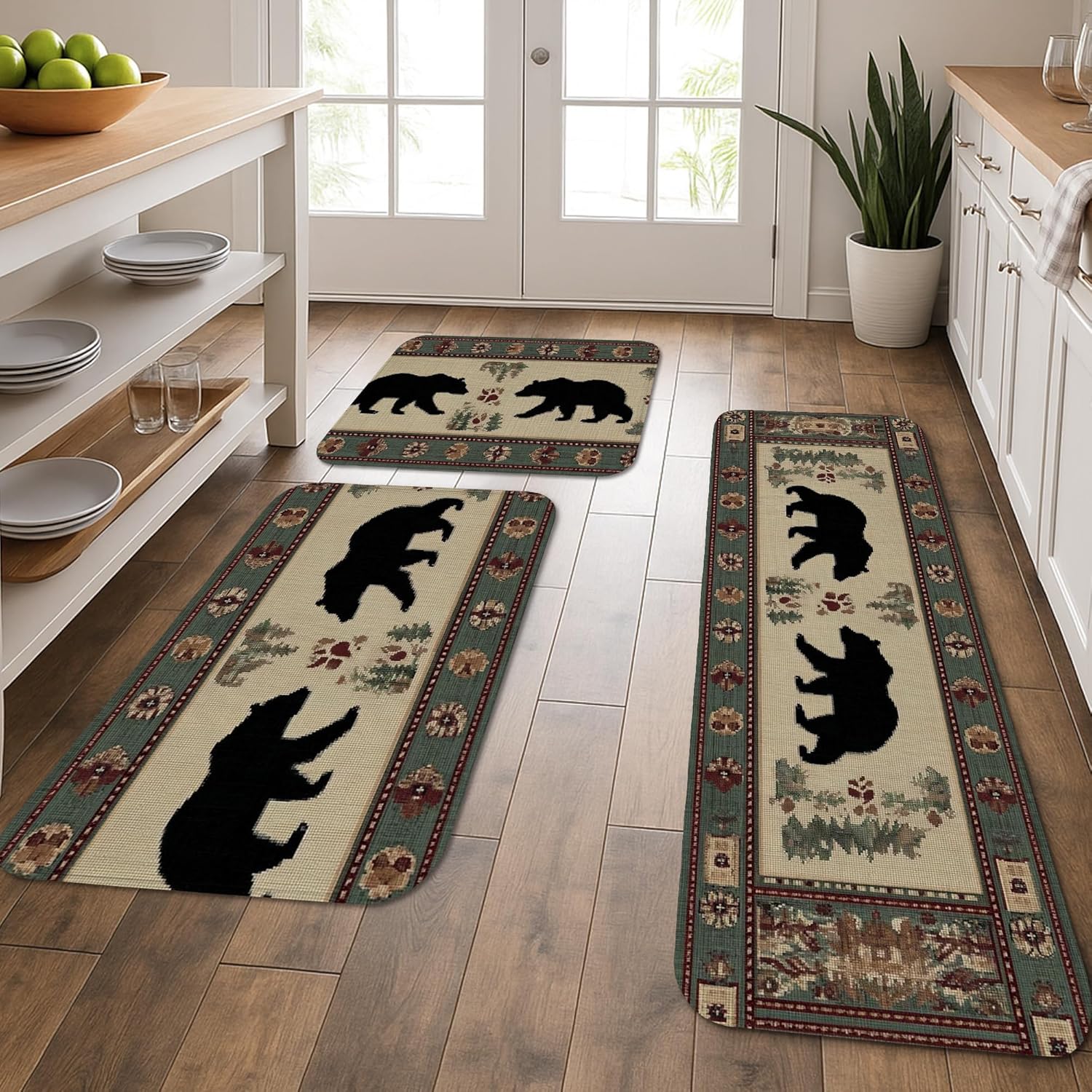 Bear Kitchen Mats for Floor, Rustic Wildlife Pattern Soft Mats, Cushioned Washable Non Slip Decor Rugs for Kitchen Sinks Laundryroom Bathroom 3Pcs