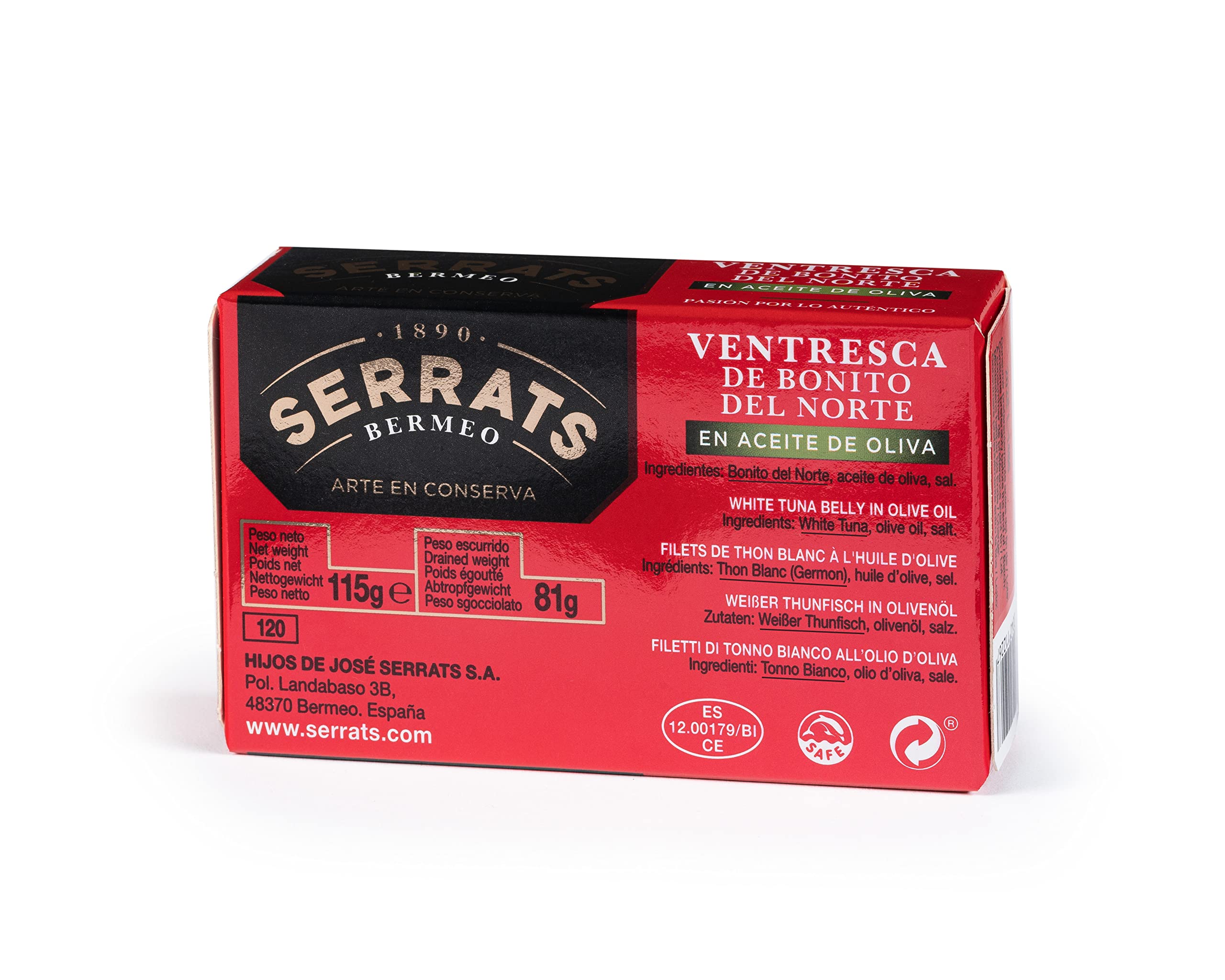 CONSERVAS SERRATS - Ventresca de Bonito del Norte del Cantábrico en Aceite de Oliva - 6 Latas x 115g (Total: 690g) - La Parte Más Jugosa y Sabrosa - Elaboración Artesanal desde 1890