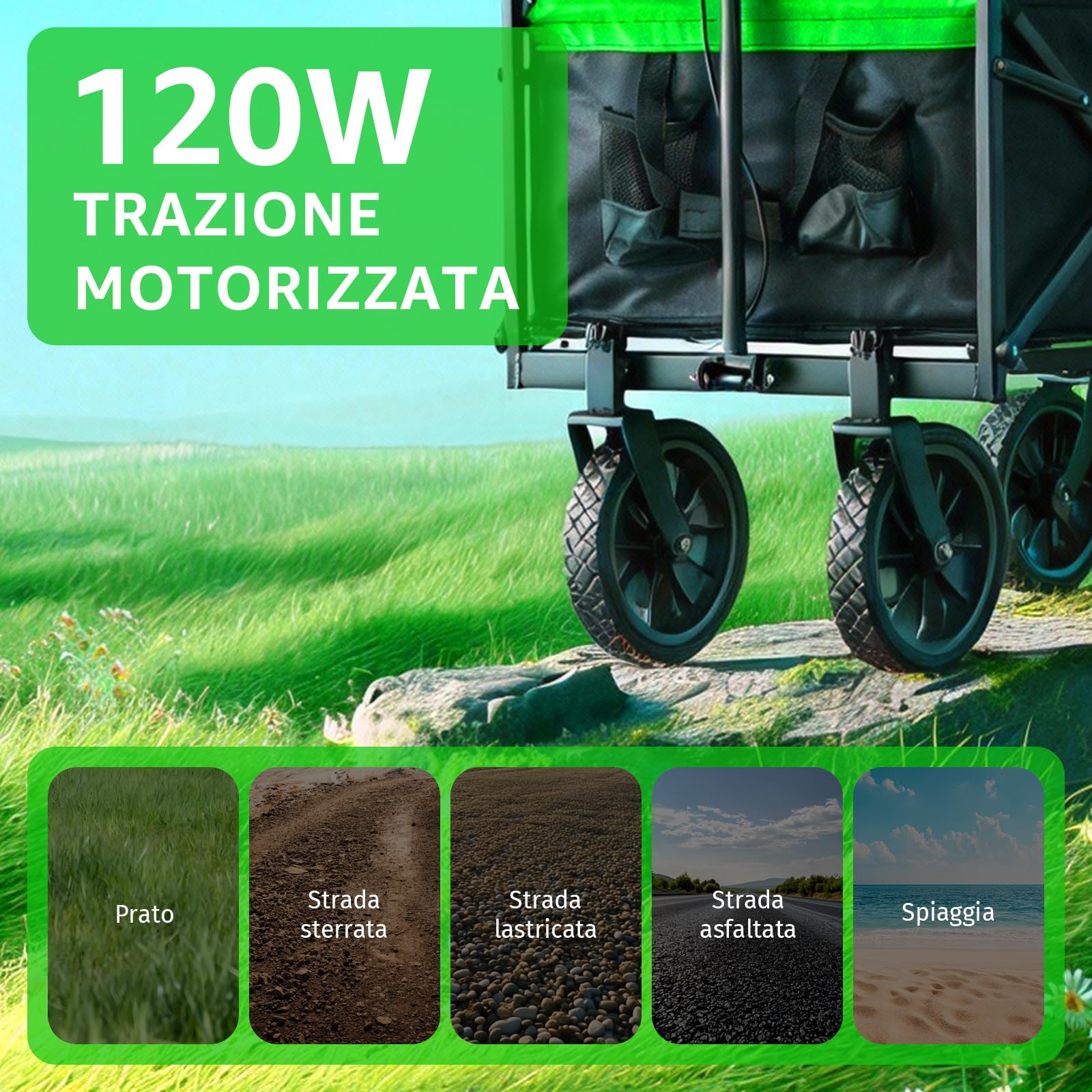 Carrello Spiaggia Elettrico Pieghevole 160 L/50 kg, Portellone | Carrello da Spiaggia Pieghevole, Doppio Motore con Batteria 4000mAh, Ruote Multiterreno per Campeggio, Shopping e Picnic