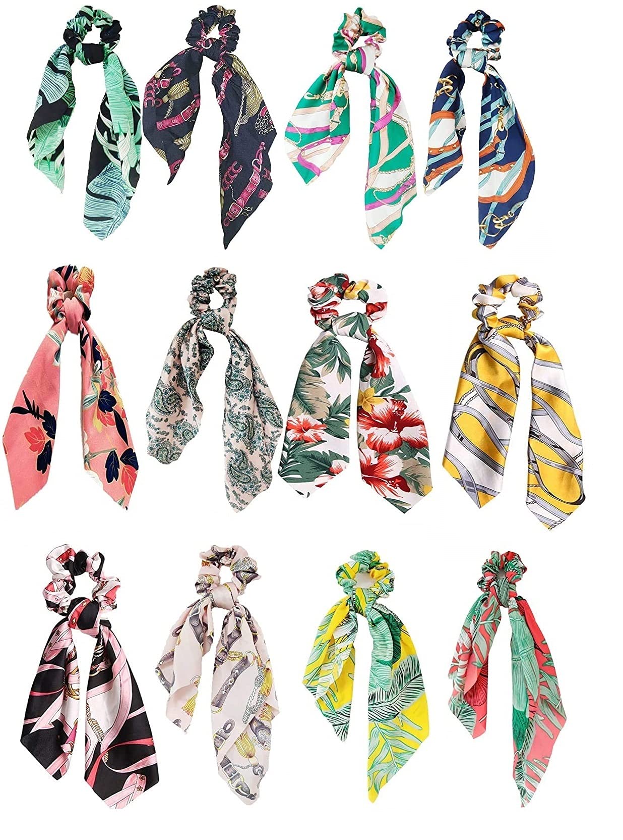 De-Ultimate (Set of 12 Pcs) Hair Scrunchy/scrunchies Detachable Bowknot Satin Bohemian Chiffon Long Tail Elastics Ribbon Ear Bow Pattern Scarf Vintage Ponytail Holder Ties Ropes Hair Bands/head Band (B096S4WS73) Amazon Price History, Amazon Price Tracker