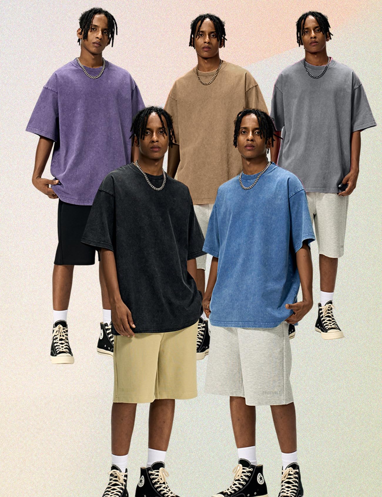 Eisctnd Camisetas de Gran tamaño para Hombre, 3 Piezas, Unisex, Vintage, de algodón Lavado con ácido sólido, Estilo Casual, Estilo Hip Hop, Negro, Morado y Gris, S