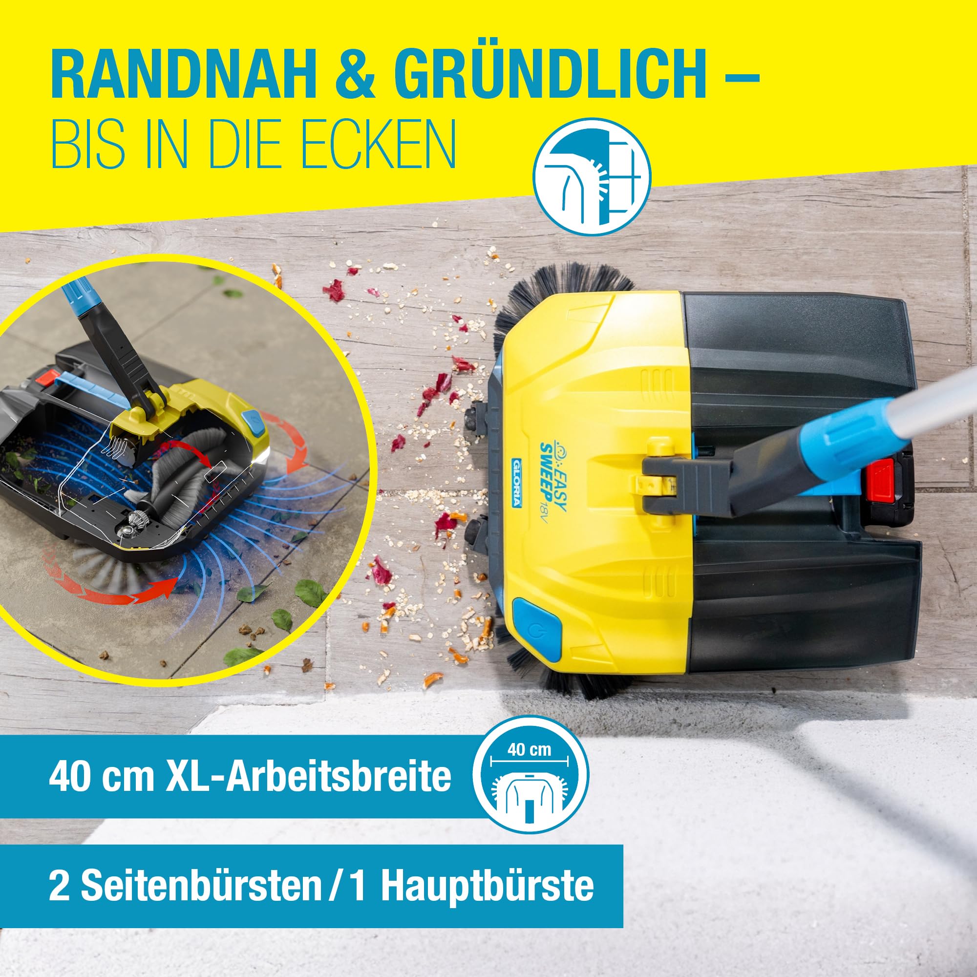 GLORIA Akku-Kehrmaschine EasySweep 18V inkl. Bosch 18V Akku | Elektrischer Akkubesen & Kehrbesen für Indoor & Outdoor | Einfahrt, Gehweg, Terrasse, Garage & Laub | 40 cm Arbeitsbreite & 4,5L Behälter