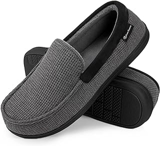 EverFoams Men's Comfort Memory Foam Breathable Cotton Knitted Moccasin Slippers with Rubber Sole