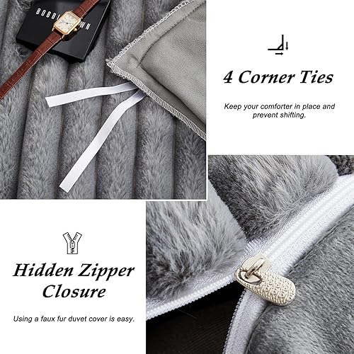 Miniatura 4 de Bildenly Juego de funda de edredón mullida, tamaño Queen, ultra suave, de piel sintética, color gris, cálido, a rayas verticales, juego de cama de 3