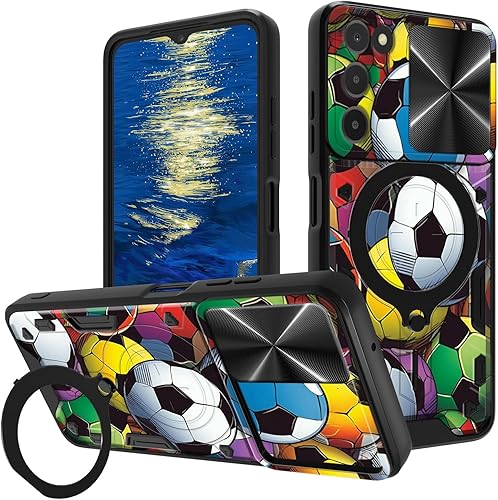 Vista 129 de Funda para Samsung Galaxy A13 5G con cubierta deslizante para lente de cámara y anillo giratorio de 360 grados, soporte híbrido de doble capa Flores