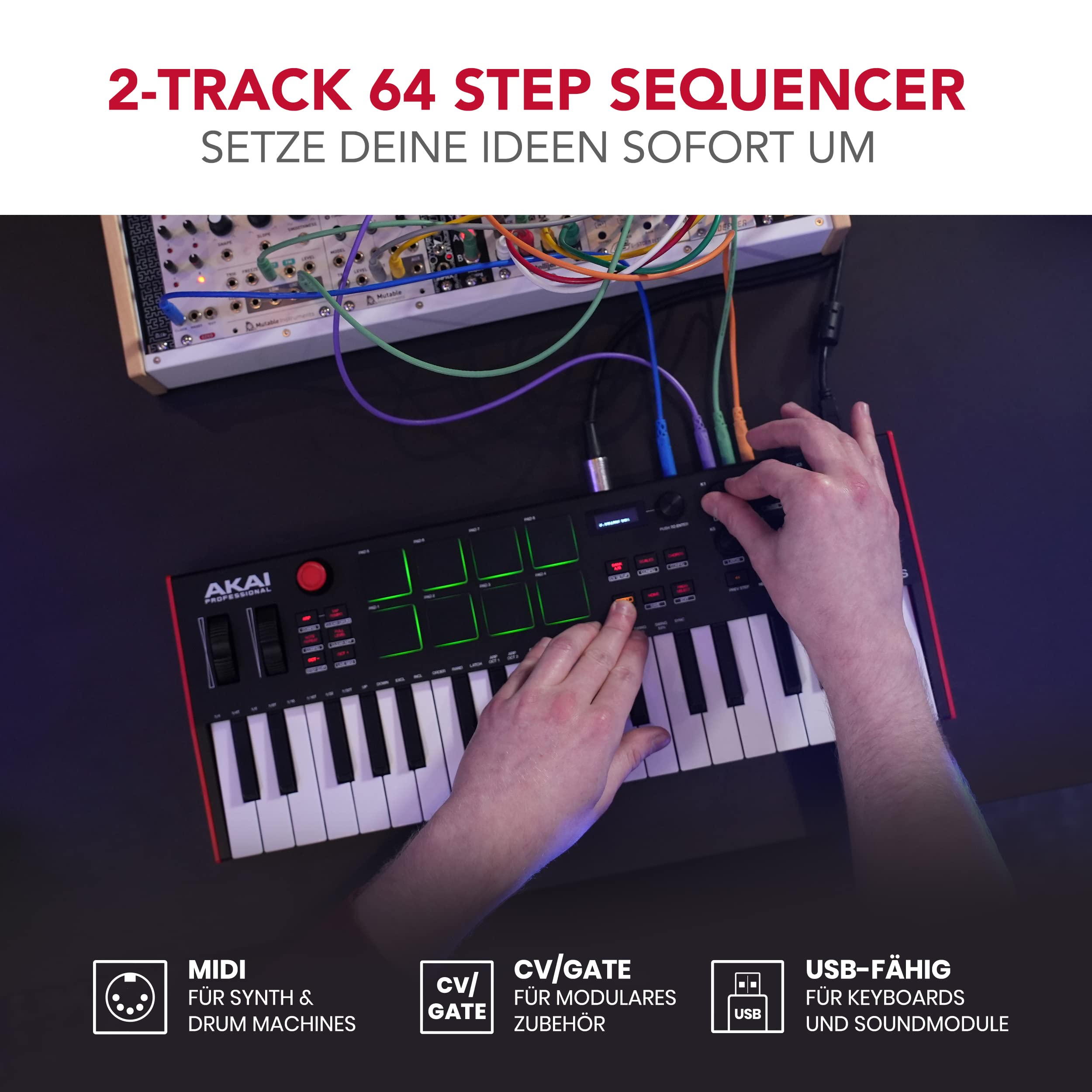 Akai Professional MPK Mini Plus - 37-Tasten USB MIDI Keyboard Controller mit 8 MPC Pads, Sequencer, MIDI/CV/Gate I/O, Musikproduktionssoftware und Native Instruments Sound Package