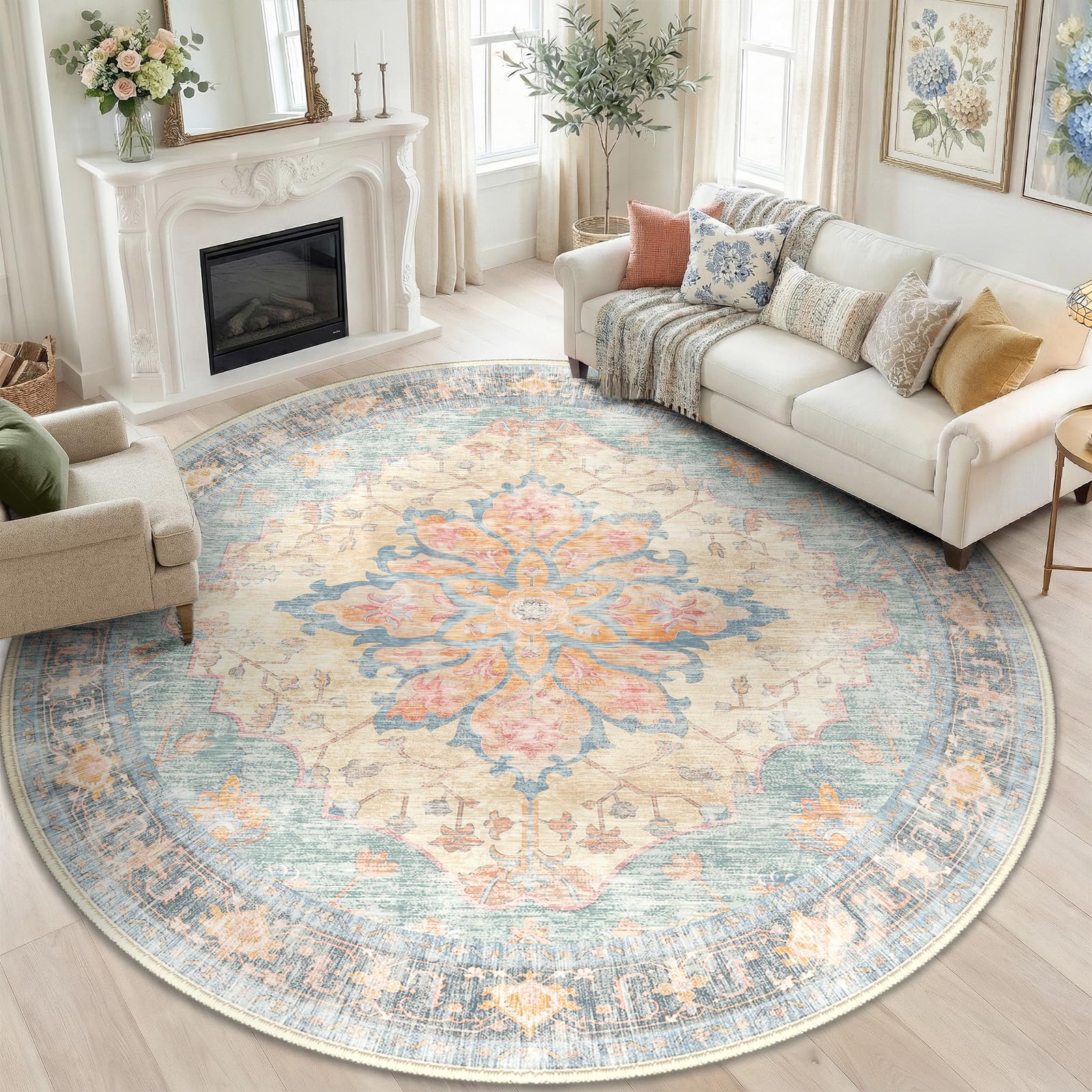 Photo 1 of RELEANY Washable Area Rug, Round 6ft, Blue/Orange/Red