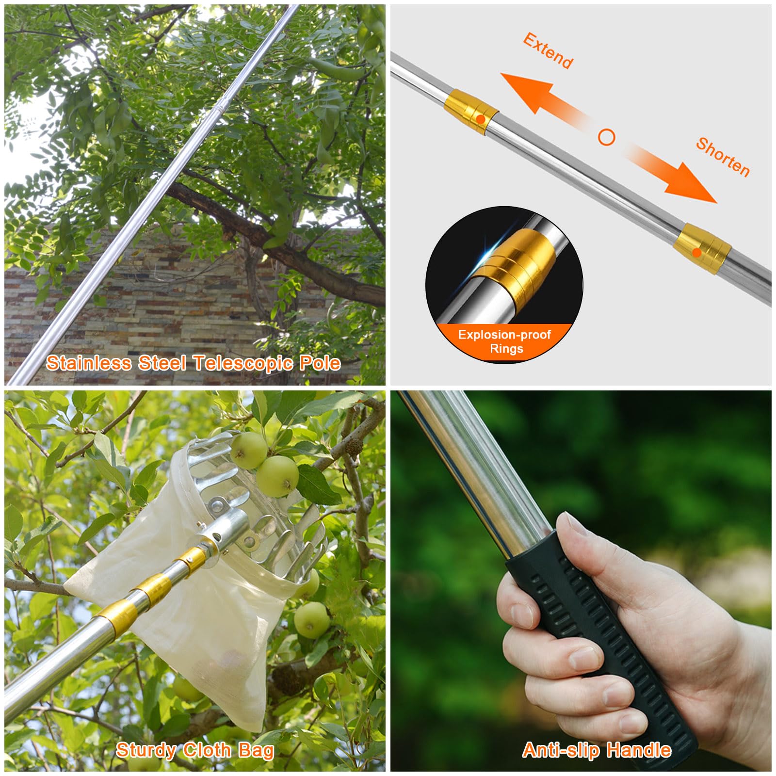 Cueille Fruit Telescopique avec Sac Cueilleur de Fruits avec Manche Télescopique en Acier Inoxydable Cueille Cerise Ramasse Fruit pour La Récolte De Poire Citron Orange Outil Cueillette Jardin