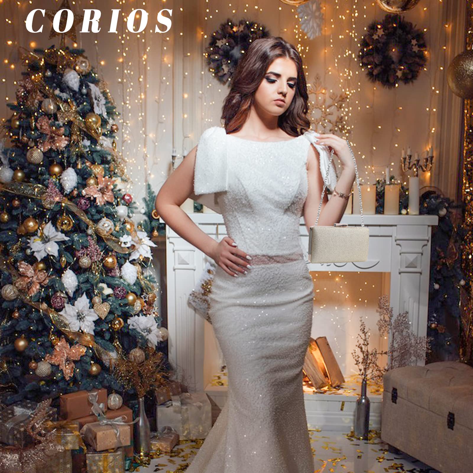 CORIOS Borsetta da Sera Donna Paillettes Clutch Bling con Catena - Pochette Piccola Elegante per Sposa, Cocktail, Festa, Ballo, Cerimonia - Tracolla Oro