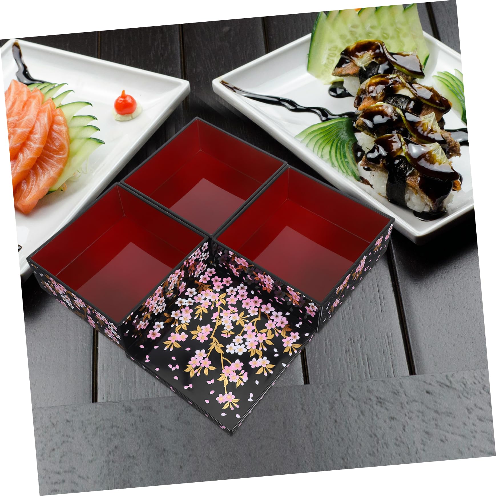 Hemobllo Boîte à Bento Japonaise à 3 Niveaux, Plateau de Service à Sushis en Abs, Motif Fleur de Cerisier, pour Pique-niques et Réunions