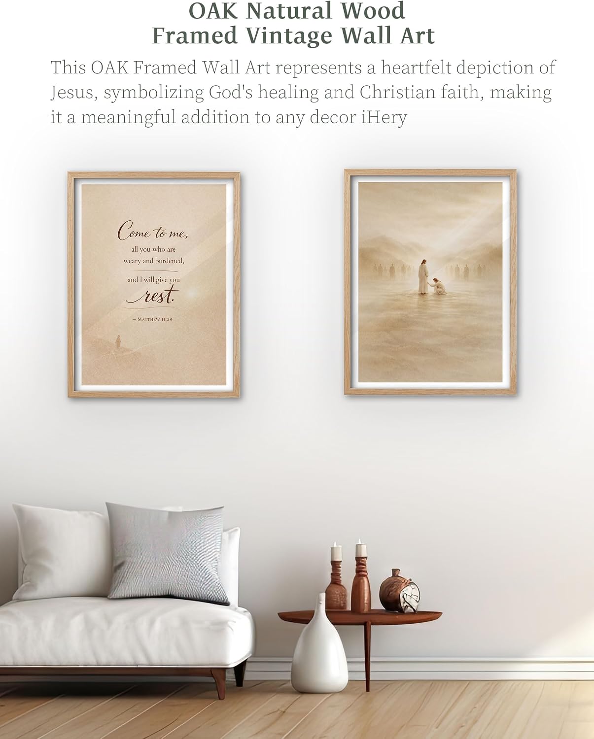 iHery BOHO Woman Touches Jesus Beige Natural OAK Wood Framed Wall Art, 12x16 in Christian Canvas Print, Minimalist Wall Decor Gift for Bedroom, Living Room or Bathroom 1 Pack