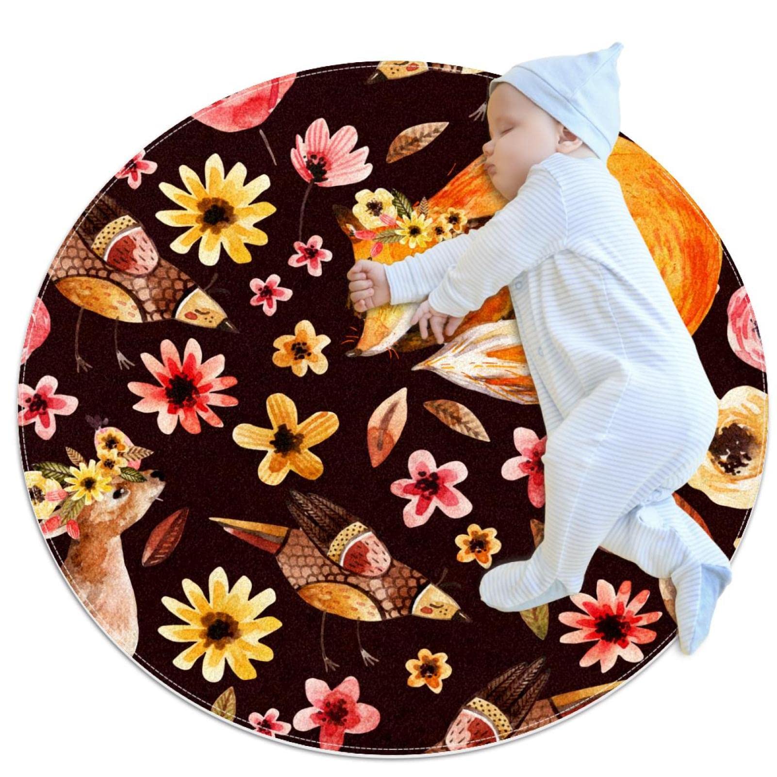Tapis de salle de bain anti-glisse rond 1m motif renard pour chambre et salon
