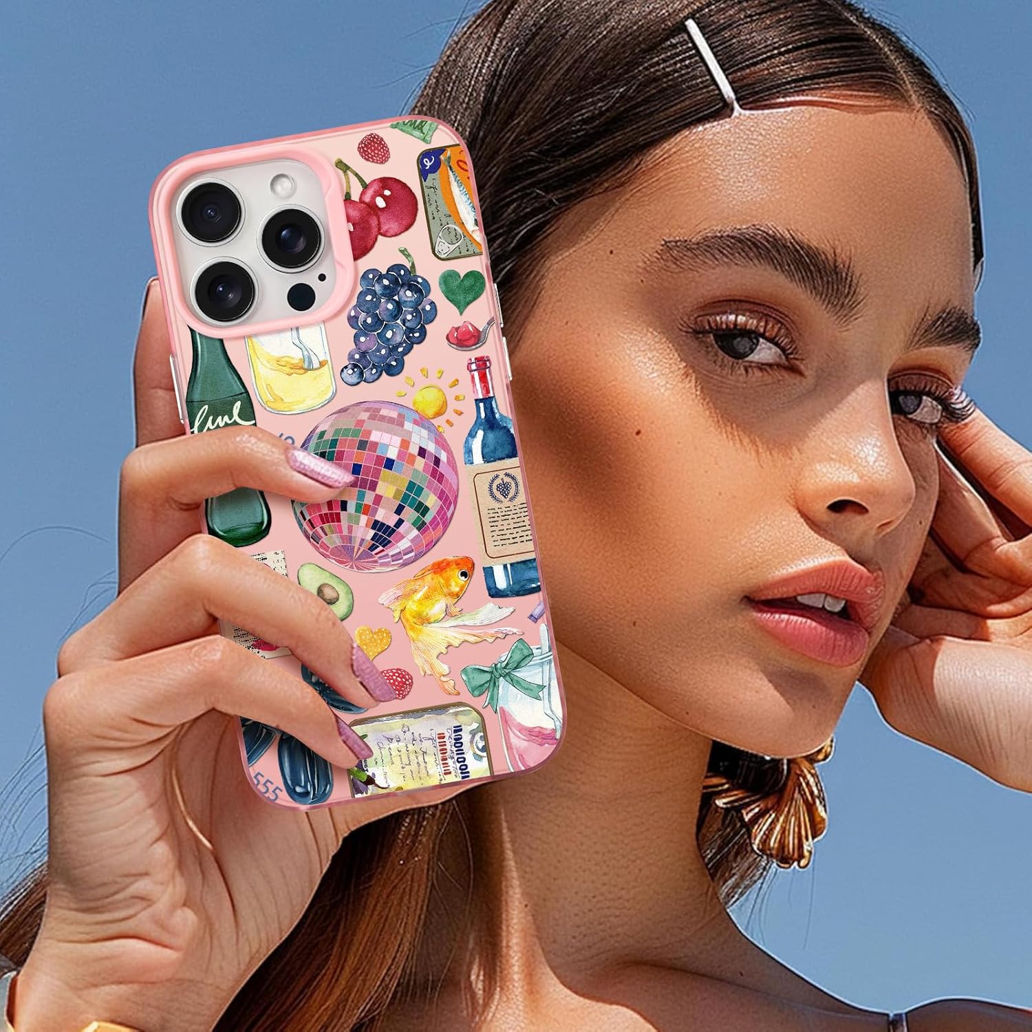 Compatible with iPhone 16 Pro Case Cute Aesthetic for Women Girls, Classic Retro Western Grapes Fruit Drinks Fish Bow Collage Phone Case, Shockproof Protective Cover - Image 7