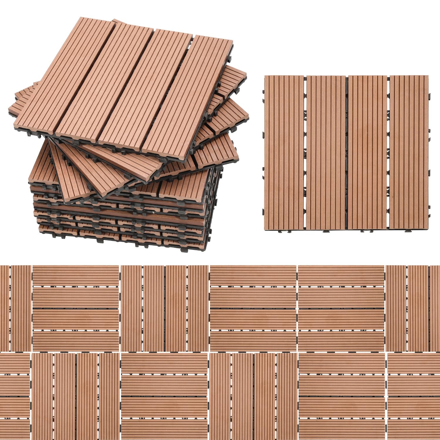 Gimisgu WPC - Piastrelle per terrazze, effetto legno, per balconi, terrazze, piastrelle a clic, in plastica, con drenaggio, per balcone e giardino, set da 55 pezzi, per 5 m², colore: marrone