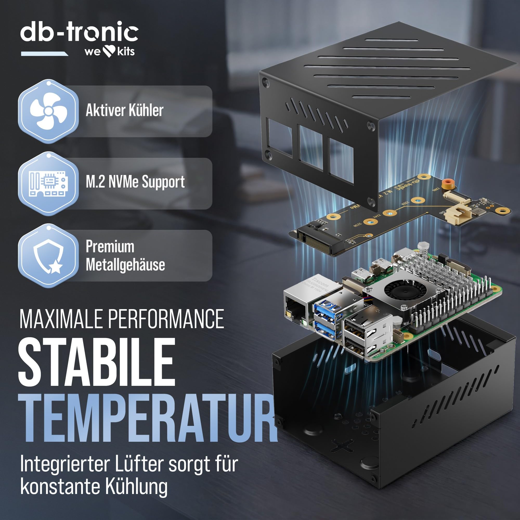Raspberry Pi 5 4GB PCIe M.2 NVMe Set 64GB Edition 27W Netzteil Metallgehäuse Active Cooler
