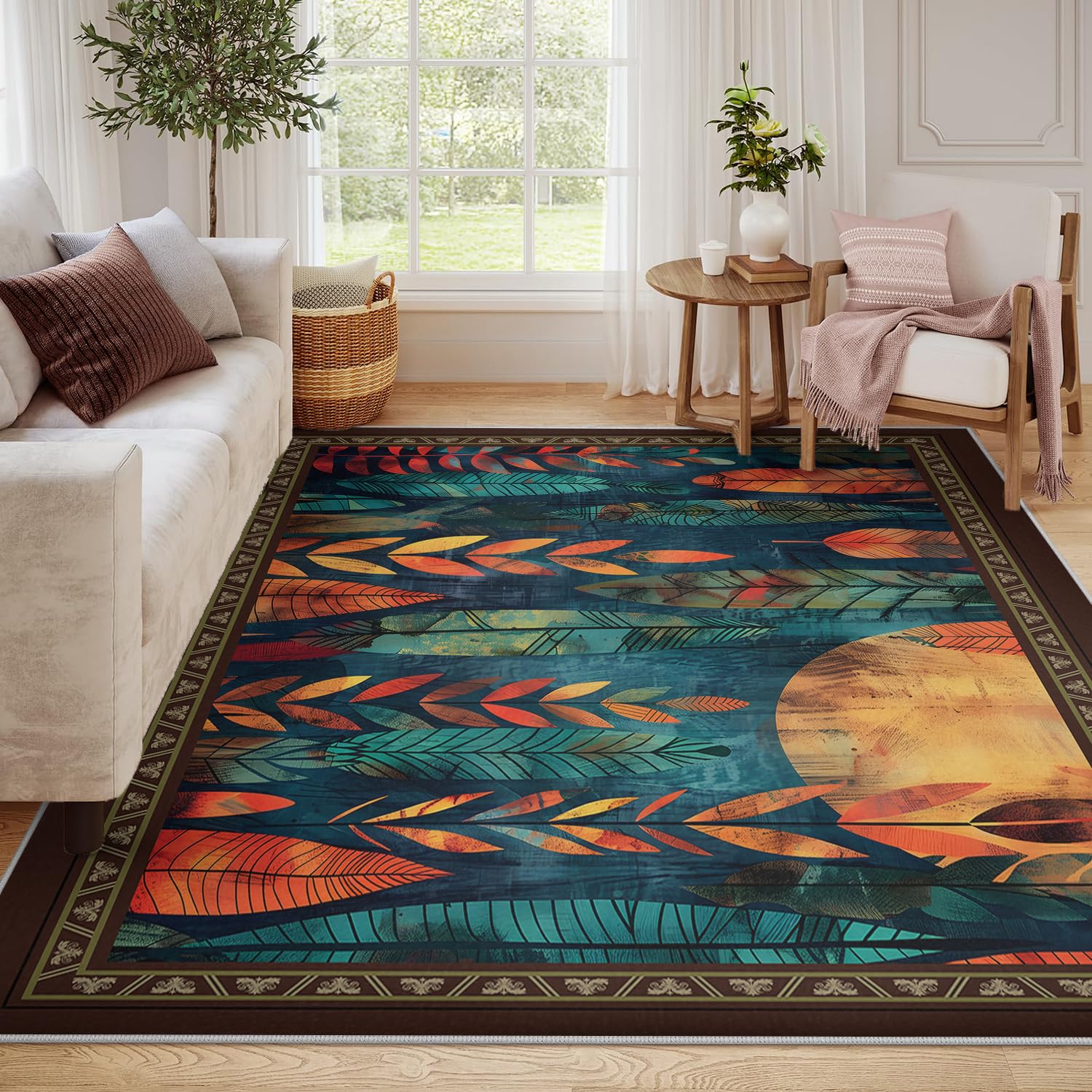 Nadający się do prania dywan 200 x 300 cm, do salonu, antypoślizgowy, z niskim runem, do sypialni, w kształcie liści tropikalnych, jadalni, pod stołem, abstrakcyjny styl boho, miękki, nie spadający