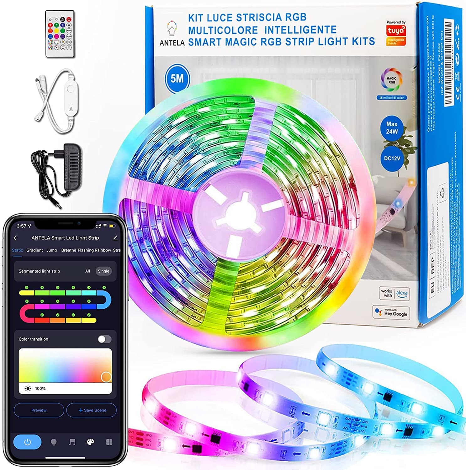 Striscia LED Smart DreamColor 5m DIY Multicolore Segmentato, WiFi Strisce LED RGBIC Compatibile con Alexa e Google Assistant, 5050 Luci LED Sincronizza con Musica, Smart Life, Impermeabile
