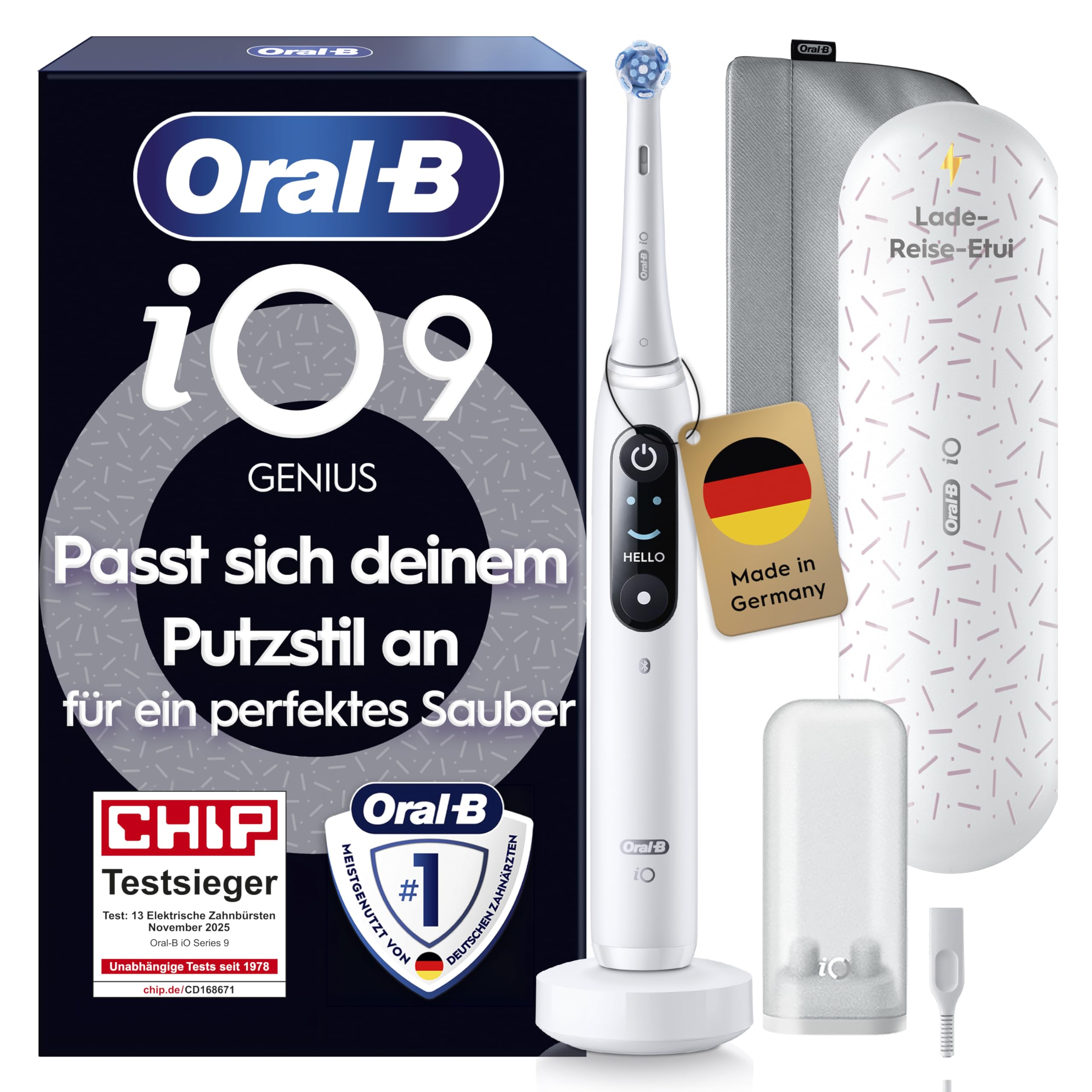 Oral-B iO Series 9 Elektrische Zahnbürste — Electric Toothbrush, Inkl. 1 Aufsteckbürste — 7 Modi für Zahnpflege, CHIP Testsieger (11/25), Designed by Braun, Weiß
