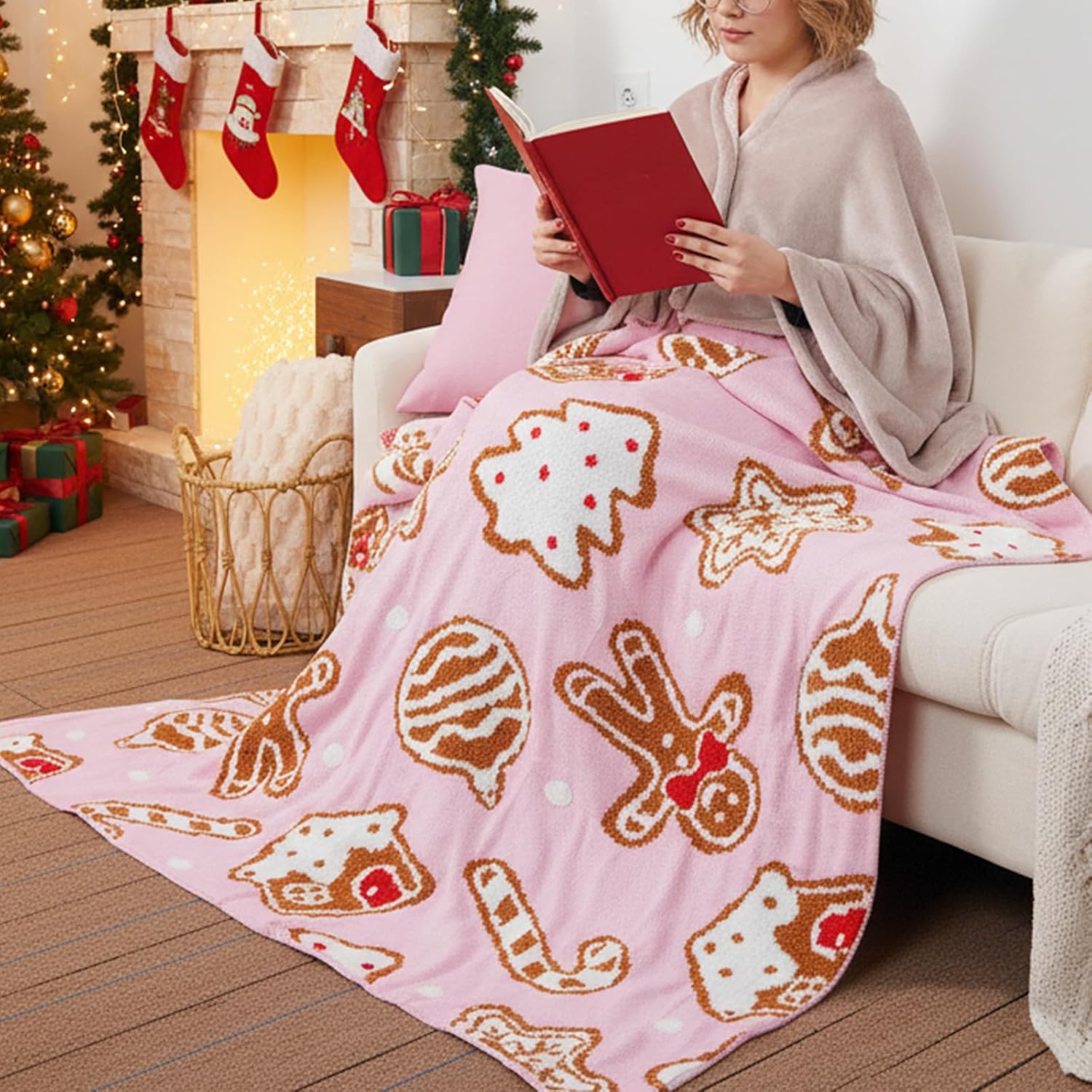 Pink Christmas Blanket Gingerbread Knit Decor Candy Cane Reversible Ultra Soft Cozy Throw Blankets Gifts for Family Home Sofa Couch Bed 50x60 Inch - Image 7