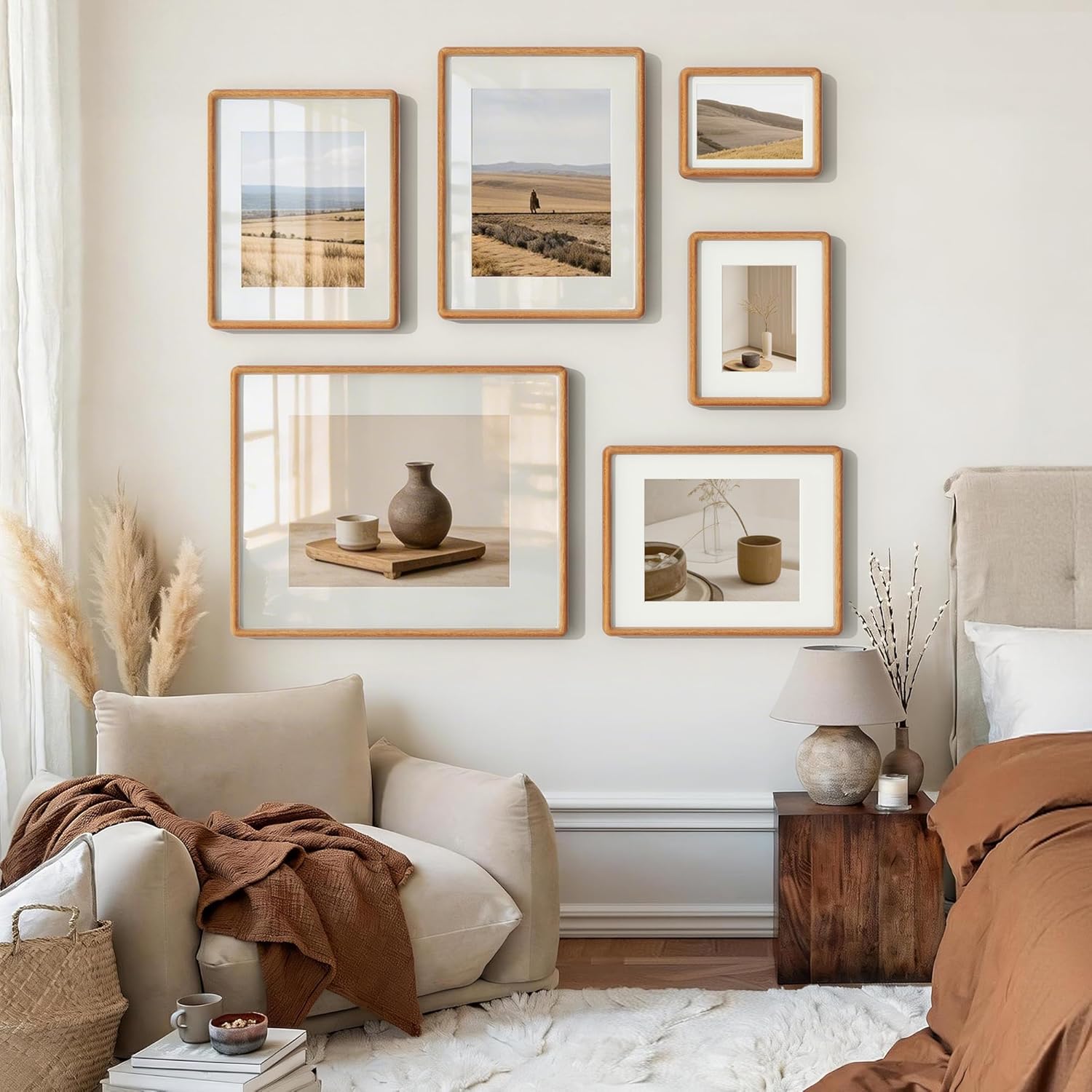 Acovy 11x14 Picture Frame, Natural Solid Teak Wood Photo Collage Frame with HD Tempered Glass, Rounded Corner Wooden Frame 11 x 14 Matted to 6x8, Gallery Wall Frames for Art, Wall or Tabletop Display